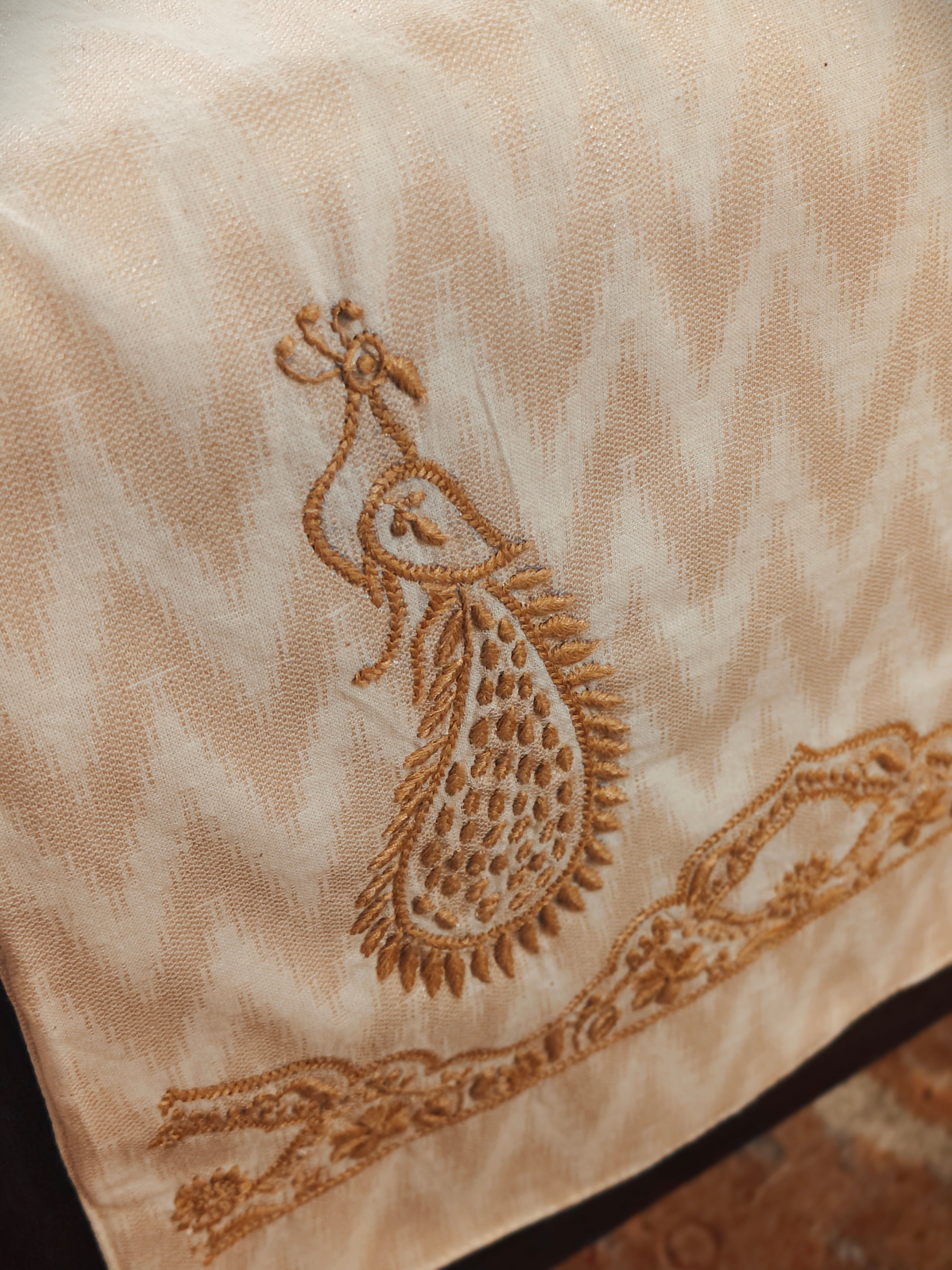 Beige Cotton Table Runner with Chikankari Peacock Embroidery