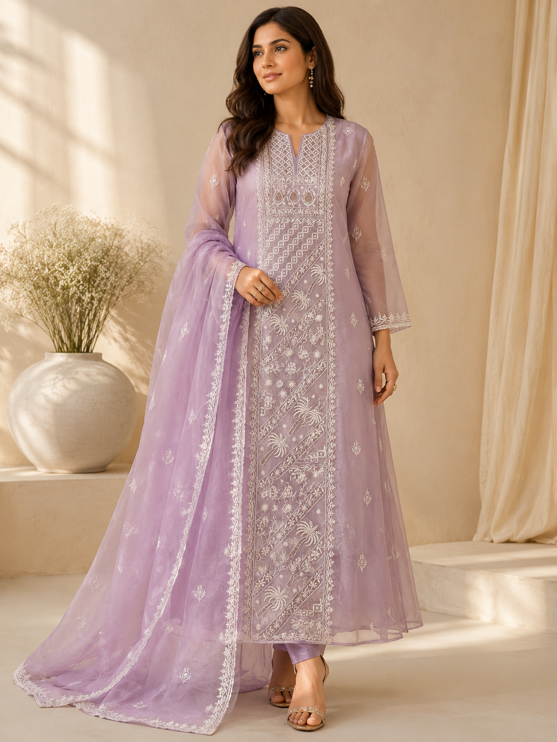 Unstitched Kurta Dupatta Fabric | Pure Organza | Lilac