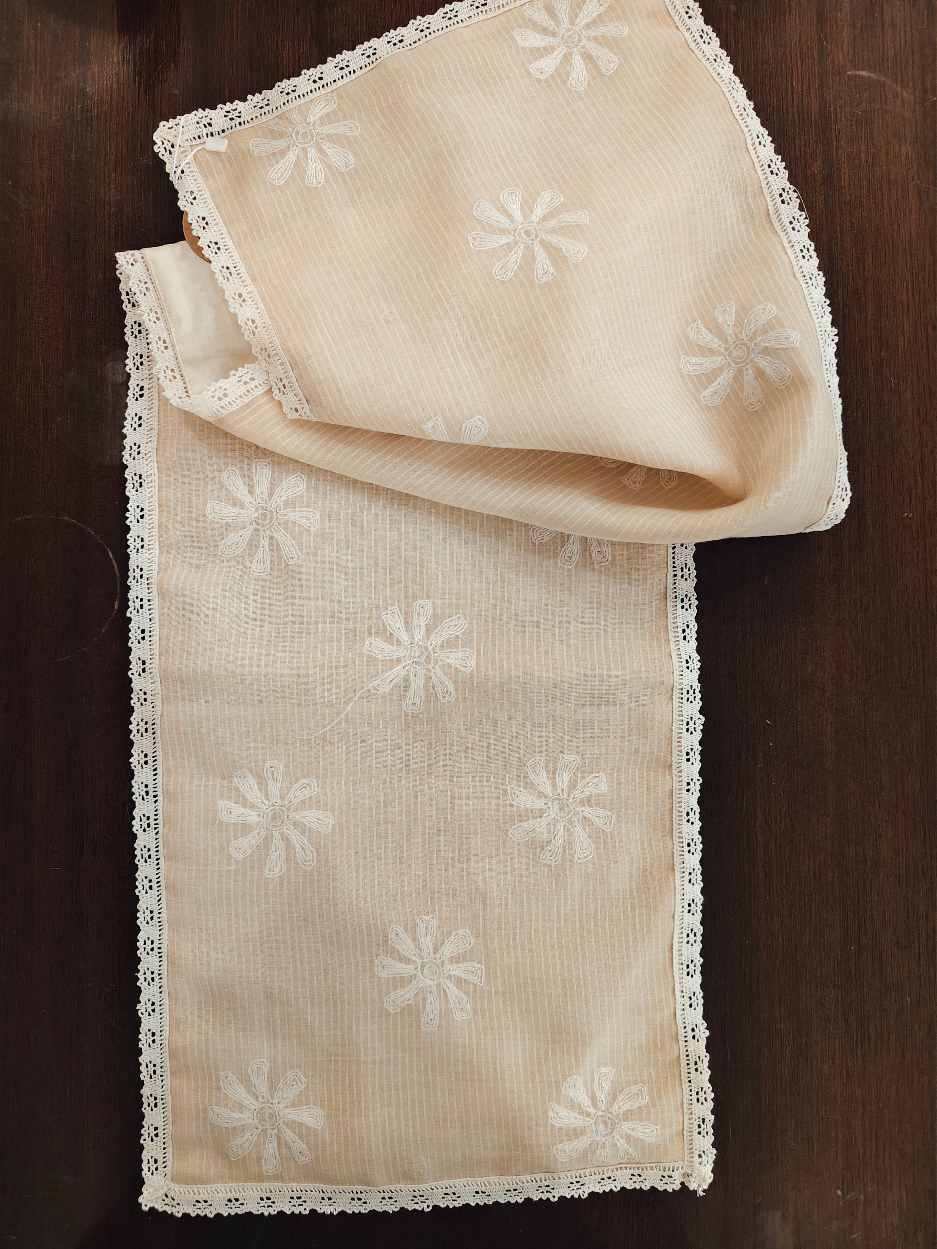 Mul Chanderi Off white Table Runner with Chikankari Embroidery and lace finish