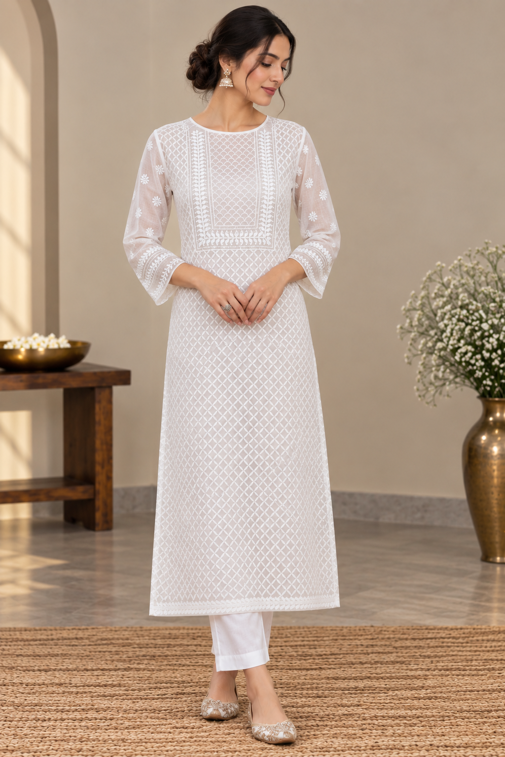 White Kota Doria | Chikankari Kurta Fabric- Dyeable