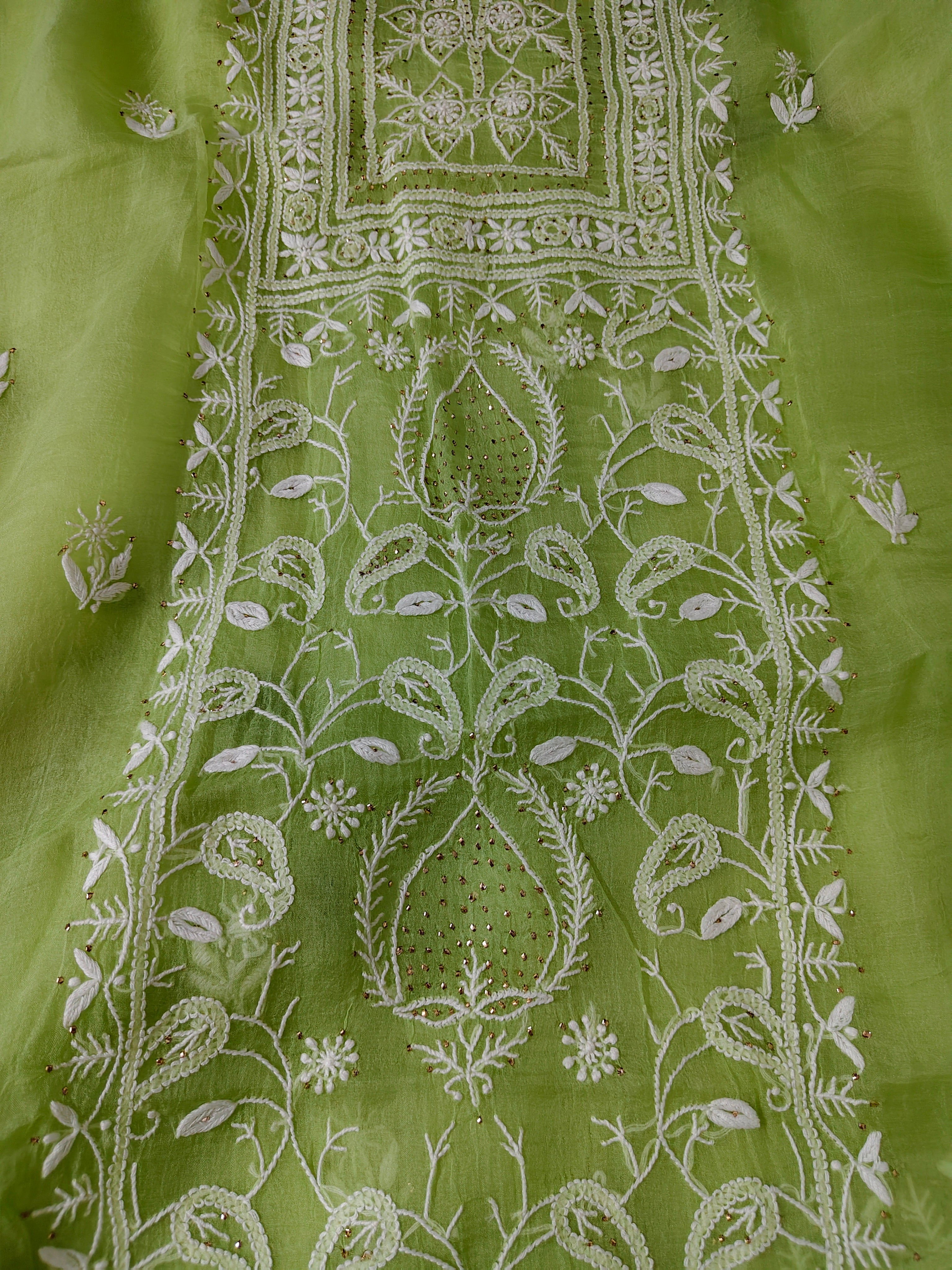 Unstitched Kurta Dupatta Fabric | Pure Organza | Apple Green