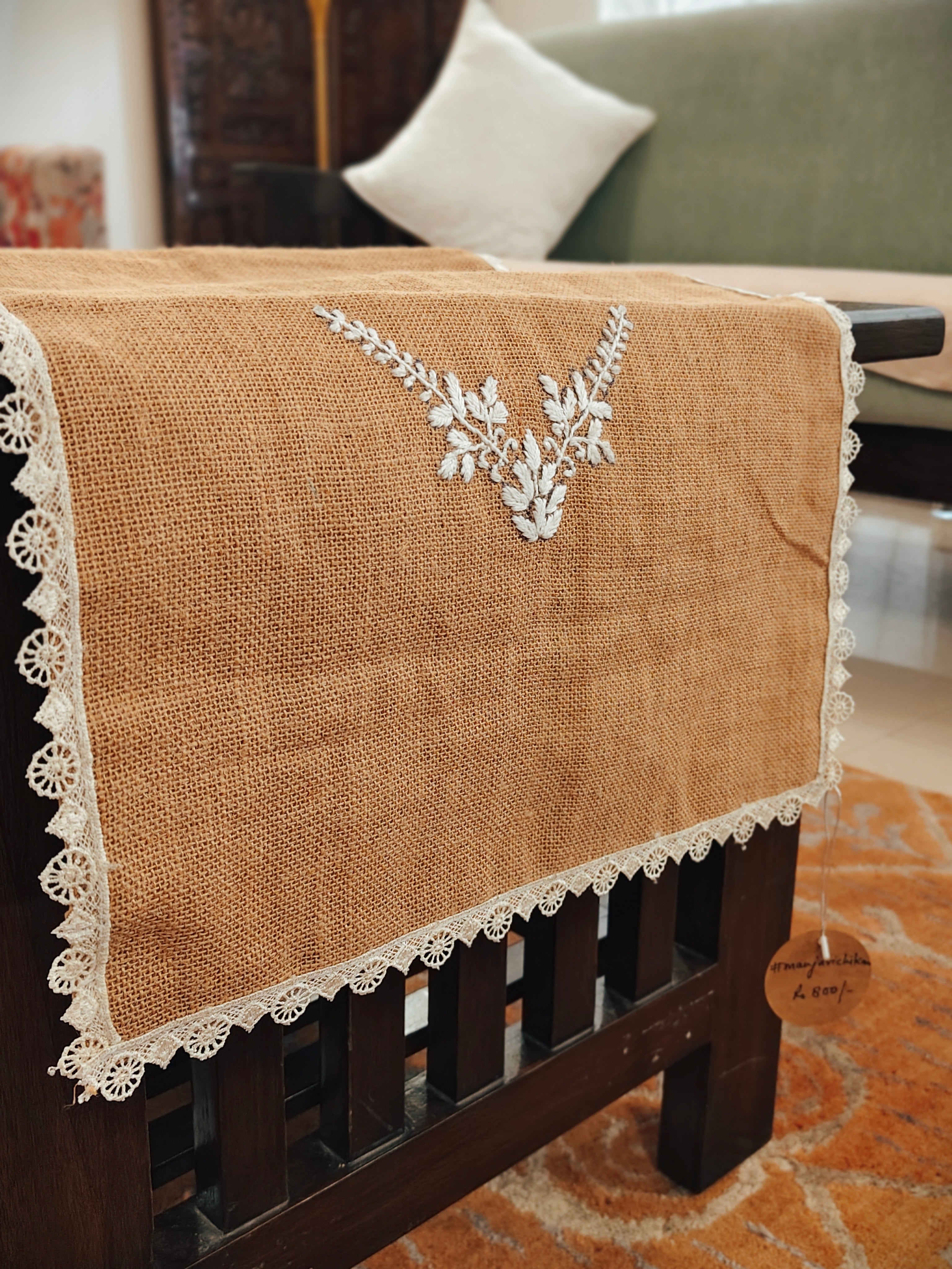Handcrafted Burlap Jute Lucknavi Chikankari Table Runner with Lace Detailings