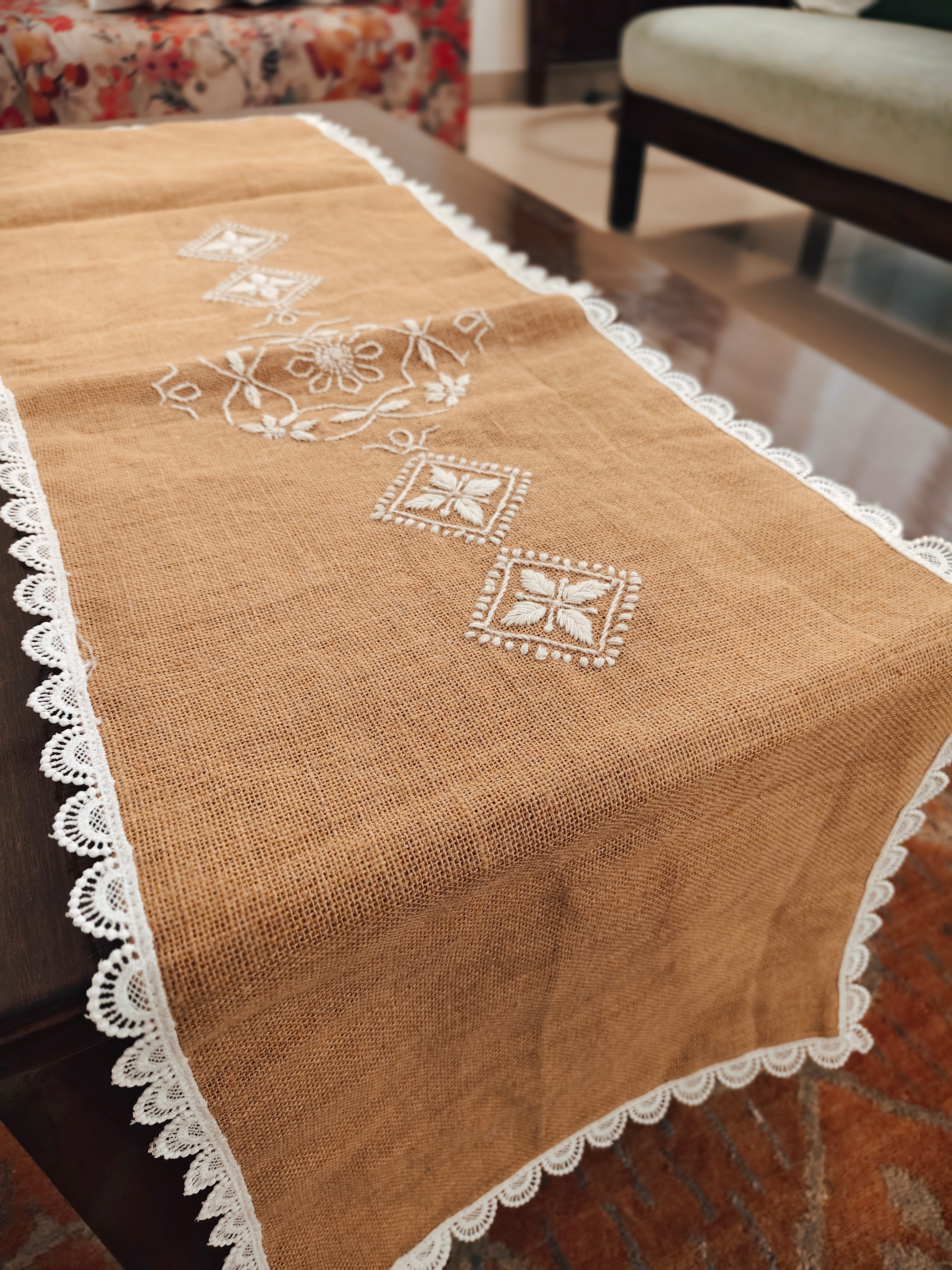 Burlap Jute Chikankari Table Runner with Lace Detailing