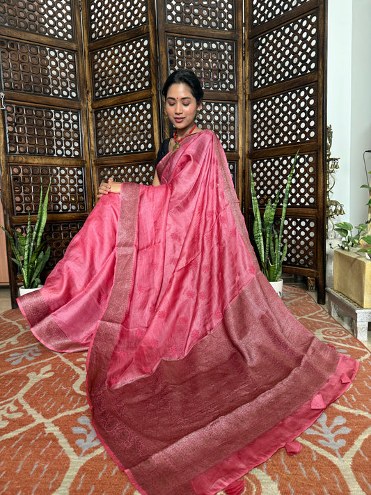Tussar Silk Chikankari Saree with Jacquard Border  ( Carrot Pink )