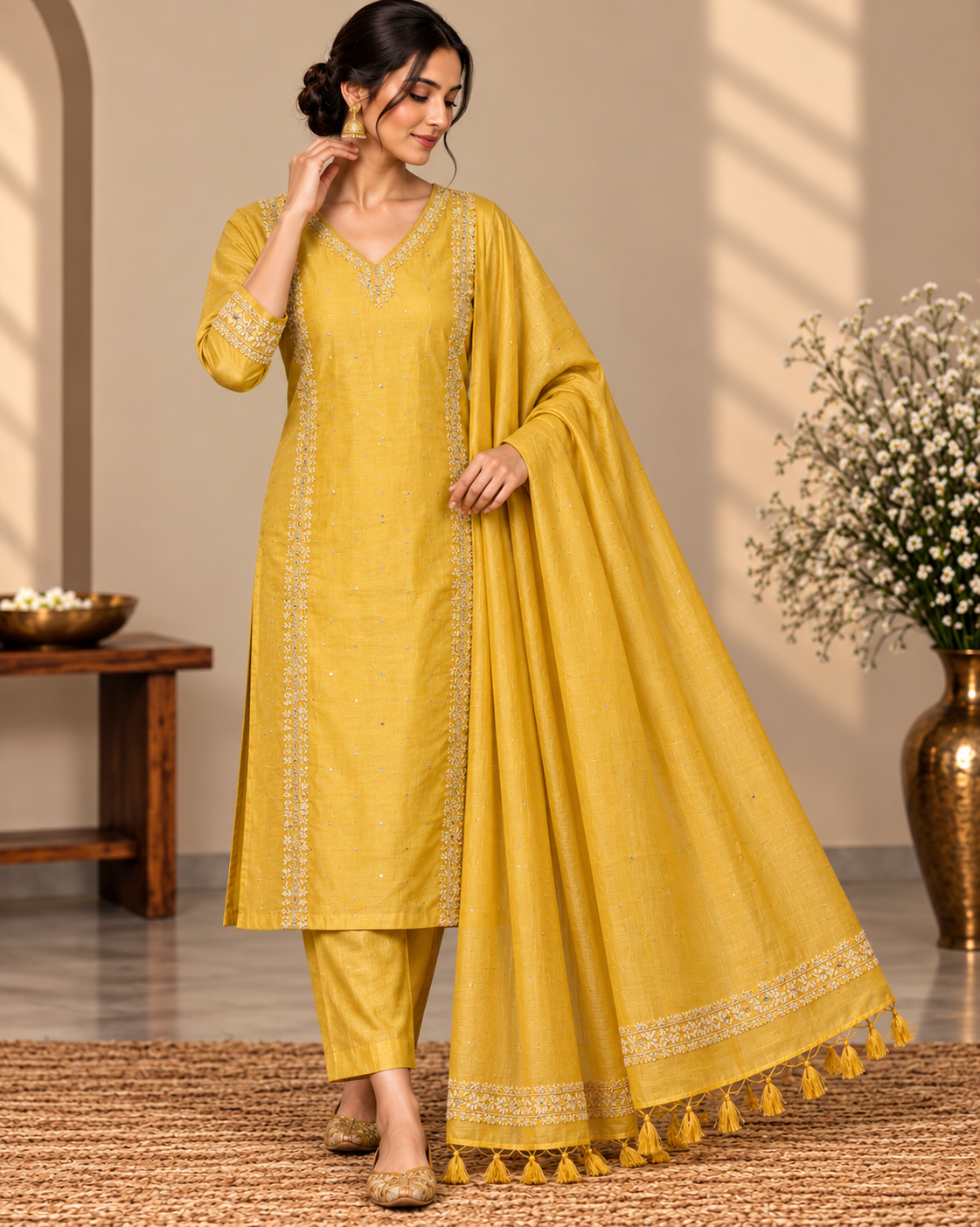 Yellow Tussar Silk | Chikankari Kurta-Dupatta Fabric Set