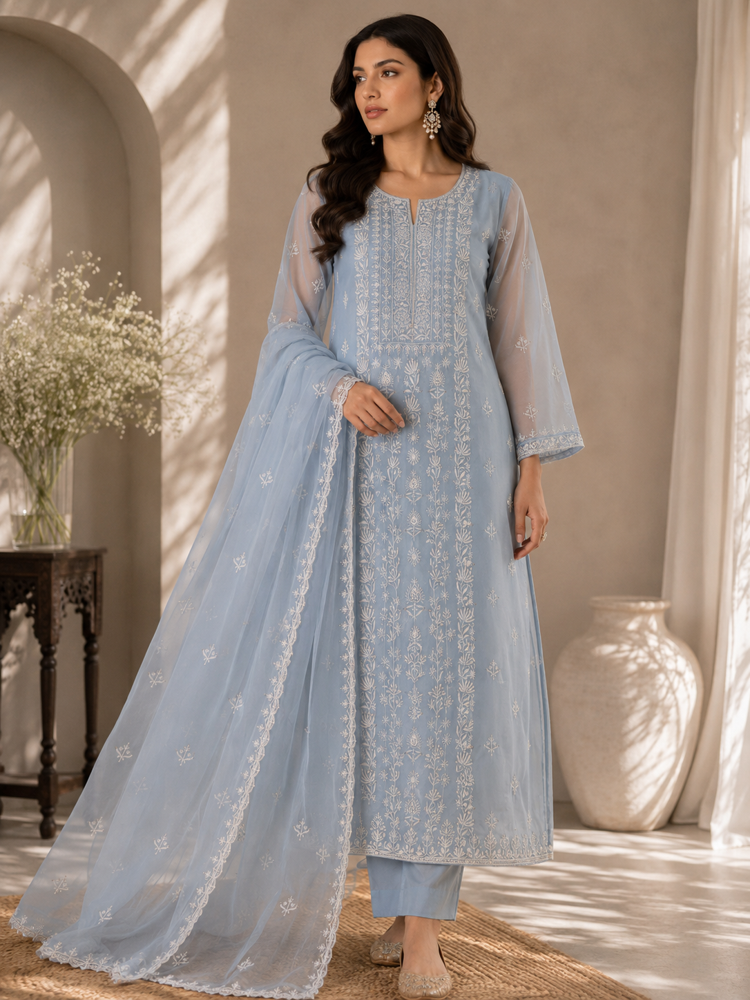 Unstitched Kurta Dupatta Fabric | Pure Organza | Powder Blue