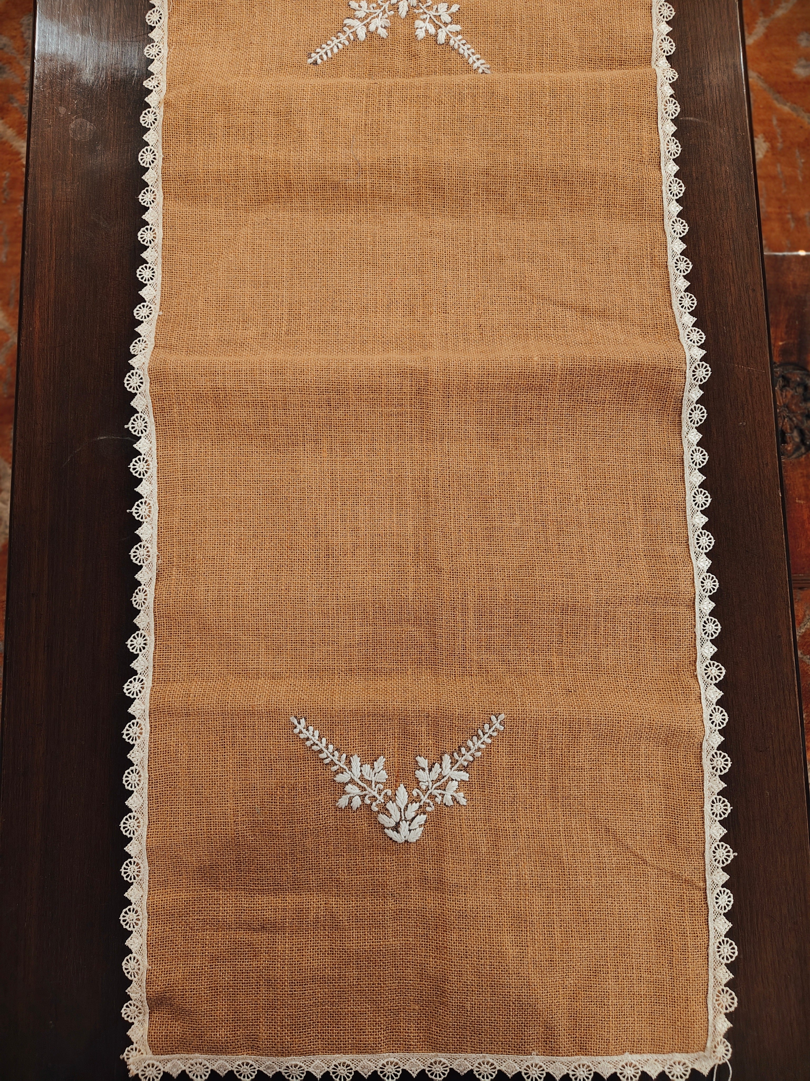 Handcrafted Burlap Jute Lucknavi Chikankari Table Runner with Lace Detailings