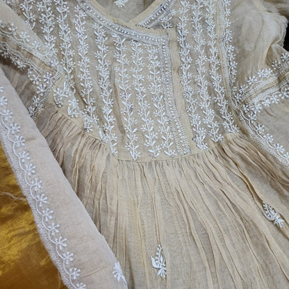 Chanderi Tissue Pure Silk Semi Stitch Chikankari Angarkha Kurta fabric and Dupatta-Dyeable