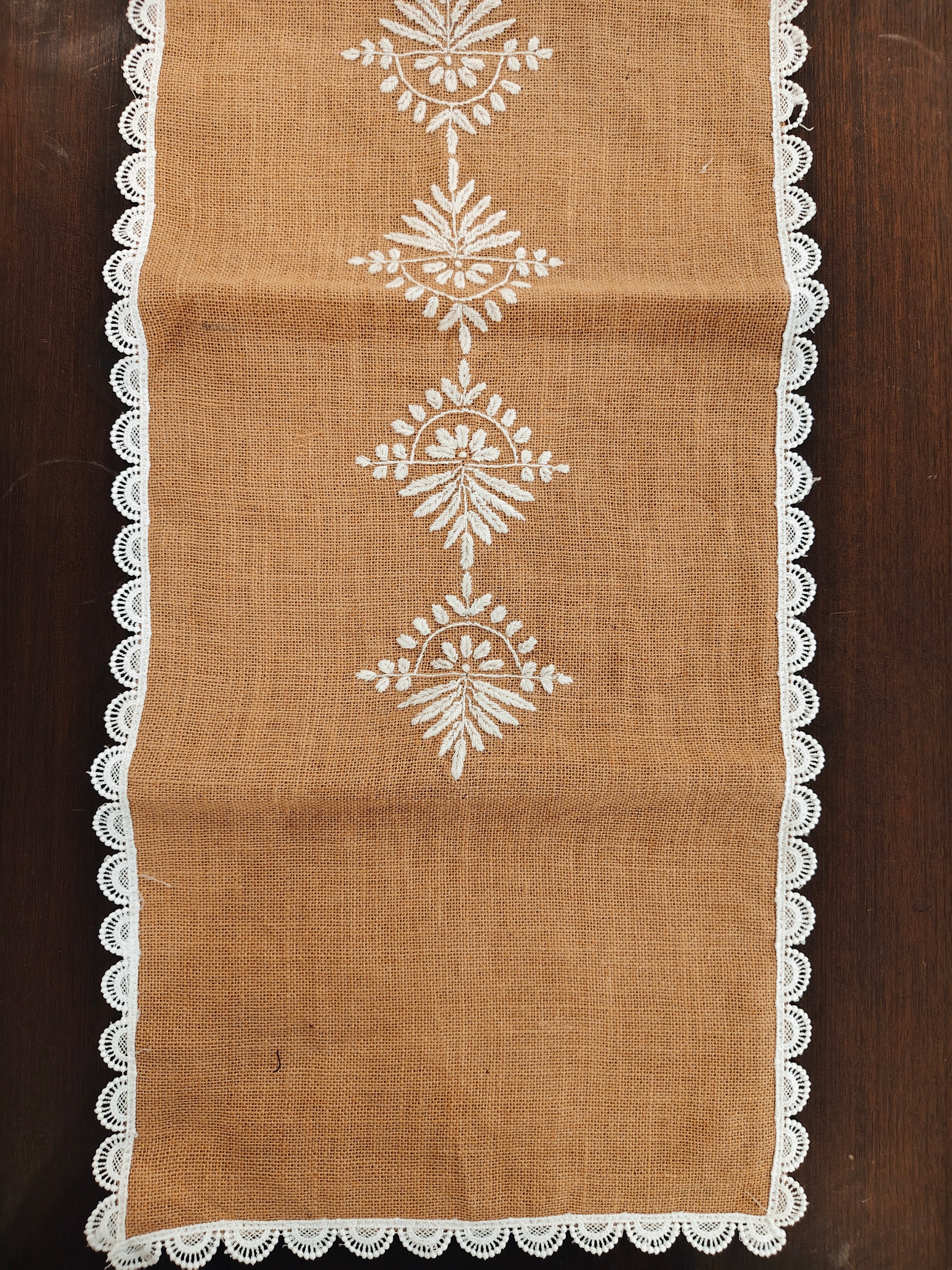 Handcrafted Burlap Jute Chikankari Table Runner with Lace Detailings