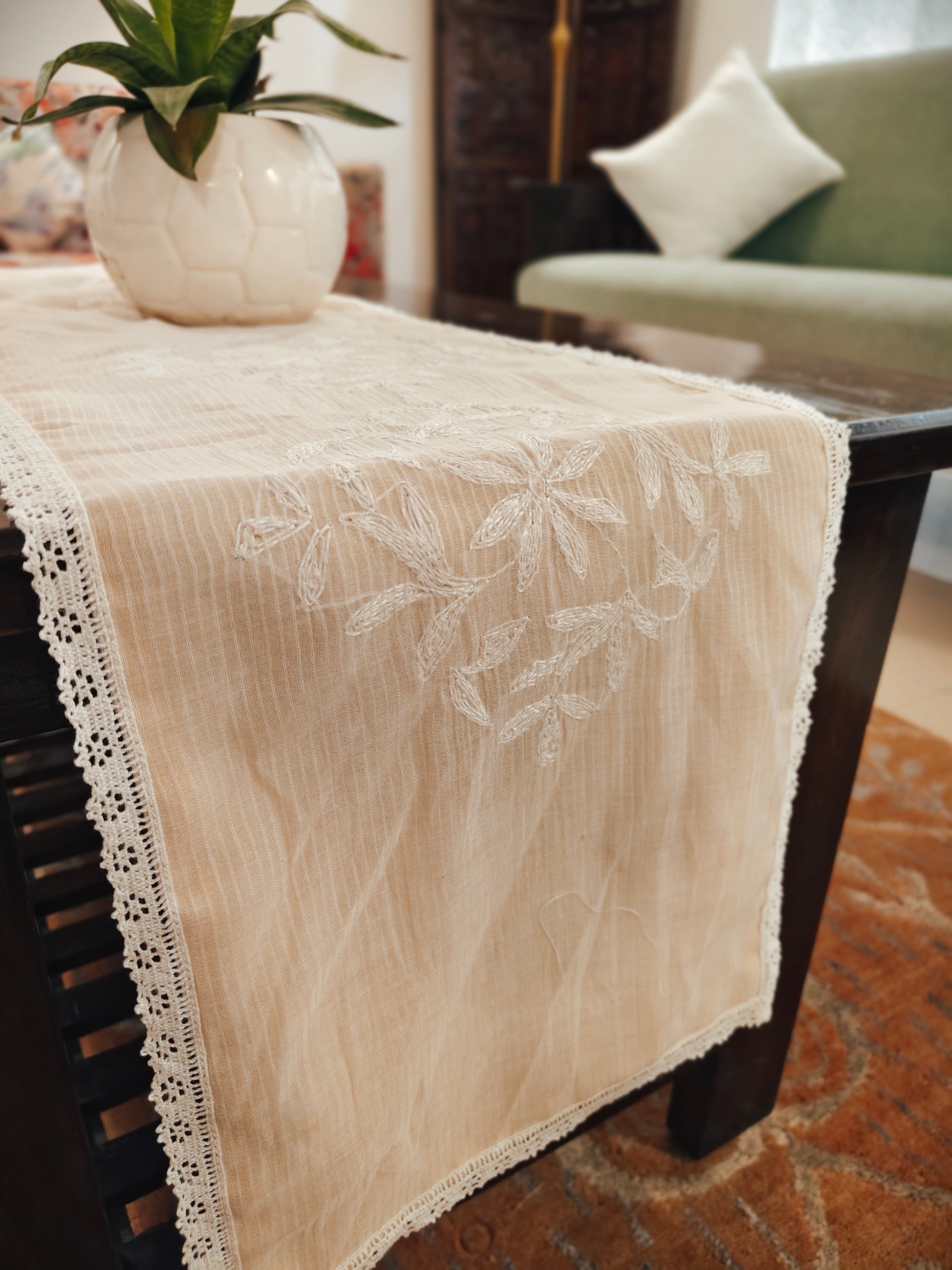 Mul Chanderi Off white Chikankari Table Runner with lace finish