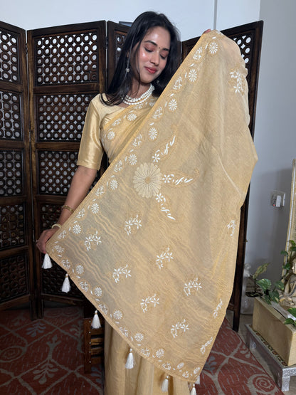 Chanderi Tissue Silk Chikankari Saree  (Golden)
