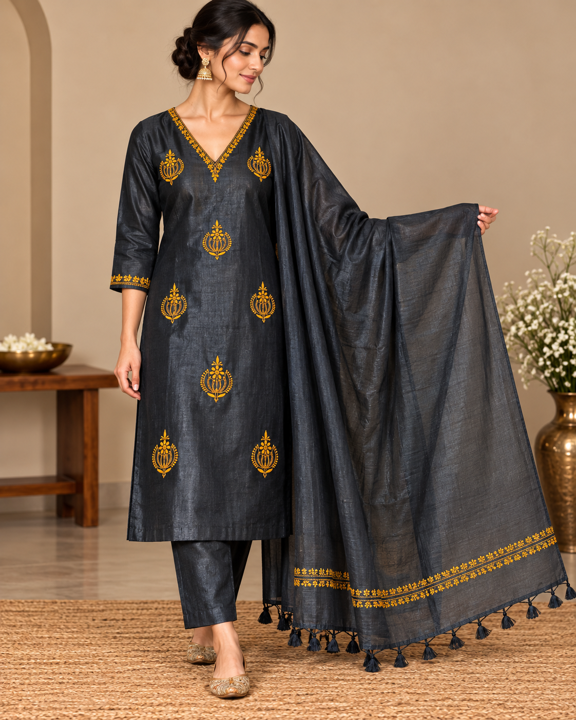 Black Tussar Silk | Chikankari Kurta-Dupatta Fabric Set