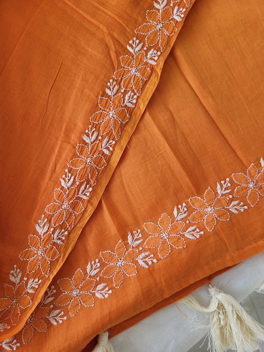 Mulmul cotton Chikankari Saree  (Rust)