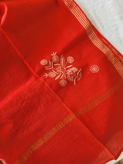 Chanderi Cotton Chikankari Dupatta (Red)