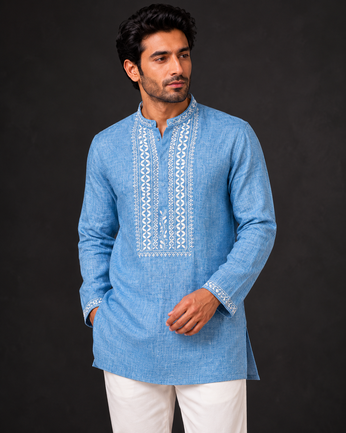 Agastya | Pure Linen  Short Kurta- Aqua Blue