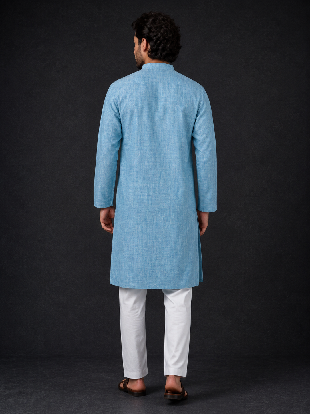 Agastya | Pure Linen Chikankari Long Kurta- Aqua Blue