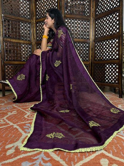 Organza Silk Chikankari Saree (Wine)