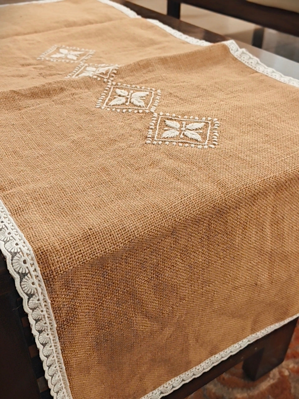Handcrafted Burlap Jute Chikankari Table Runner with Lace Work