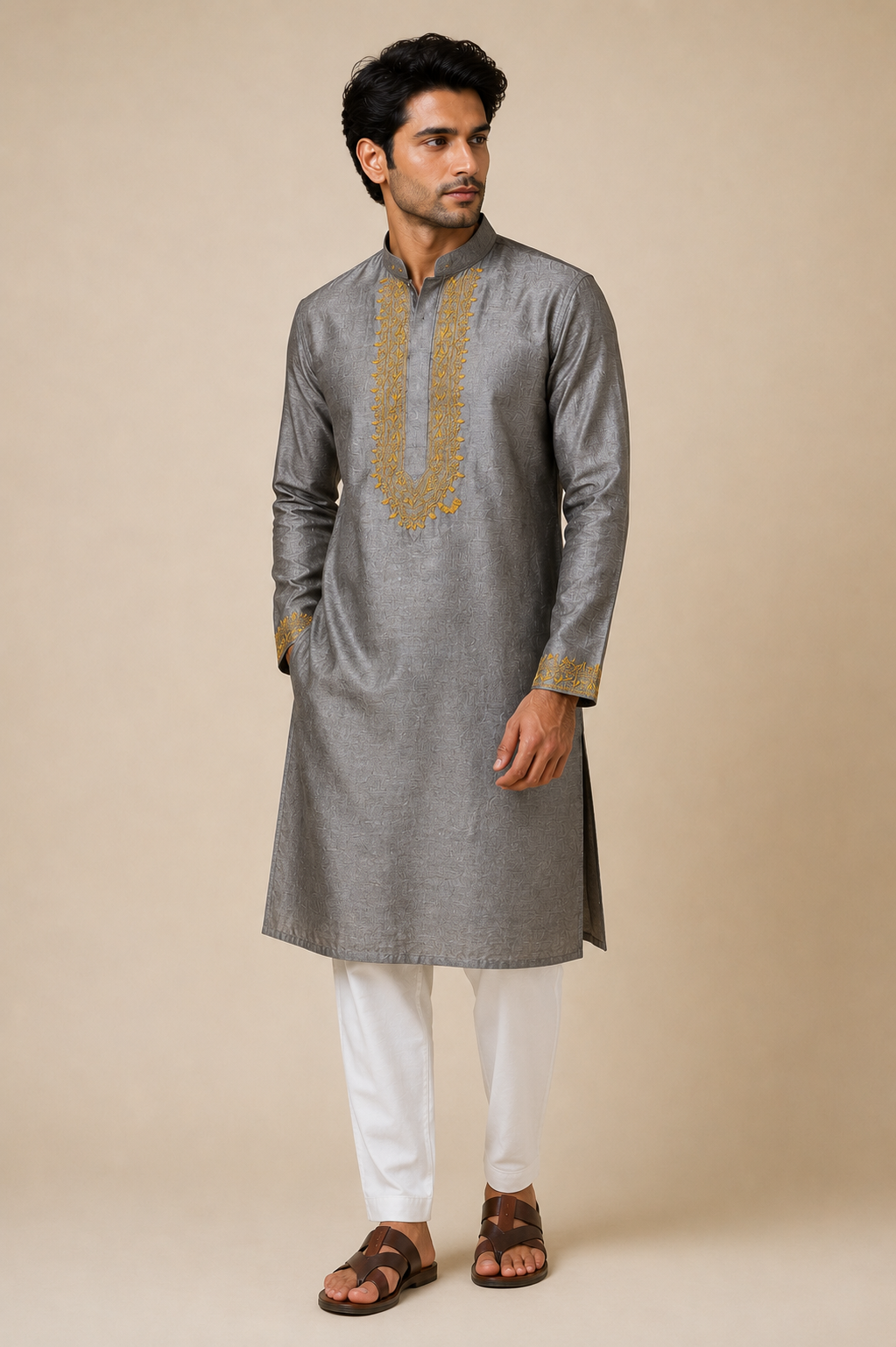 Agastya | Unstitched Tussar Silk Chikankari Kurta Fabric- Steel Grey