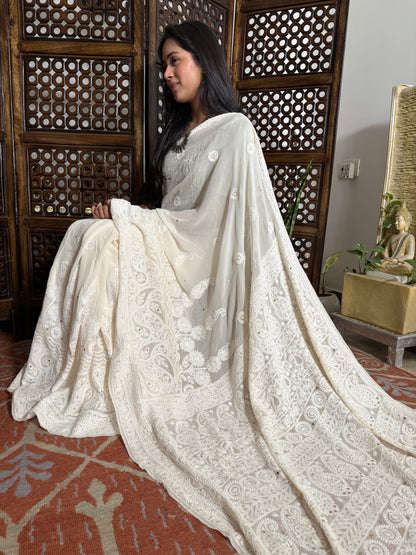 Pure Georgette Chikankari Skirt Saree with Badla-Dyeable (Off White )