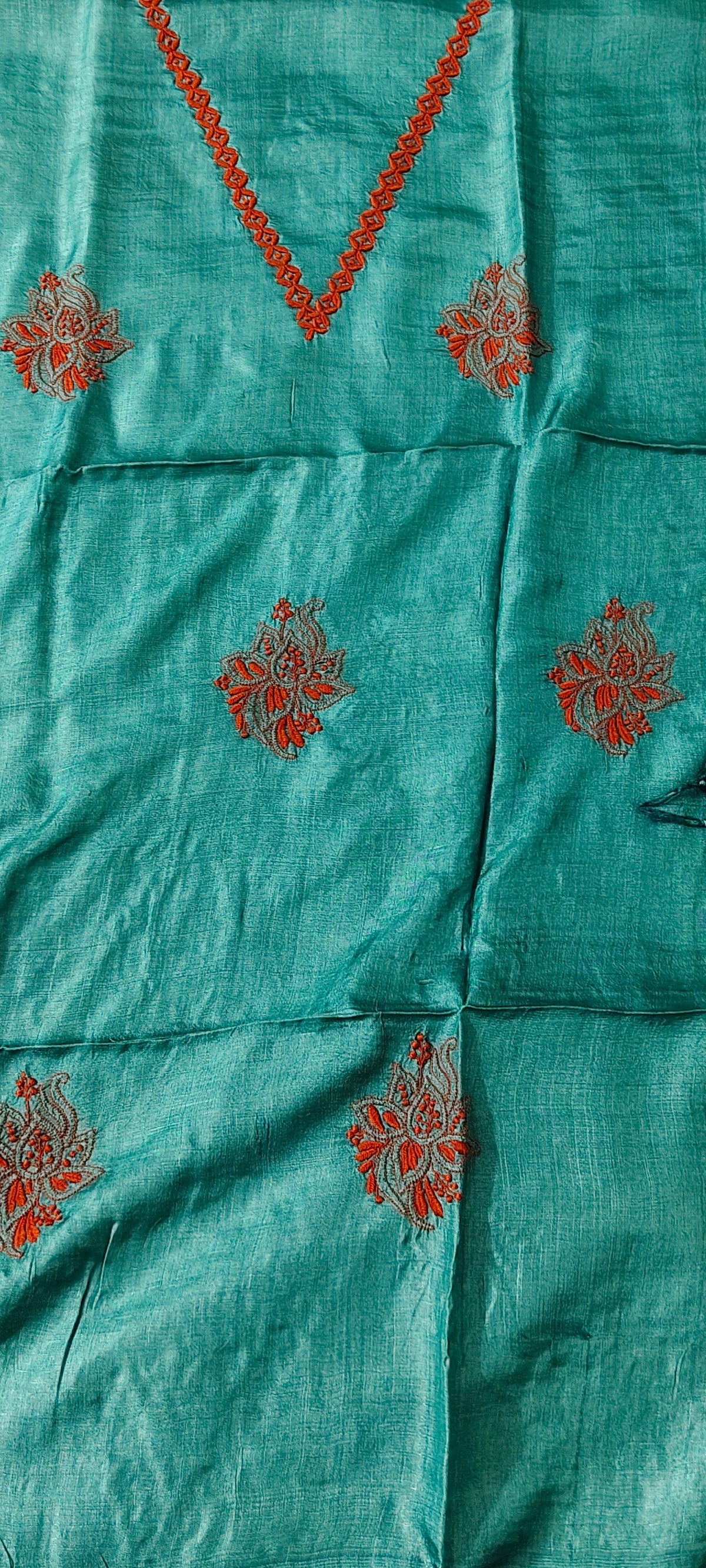 Rama Green Tussar Silk | Chikankari Kurta-Dupatta Fabric Set