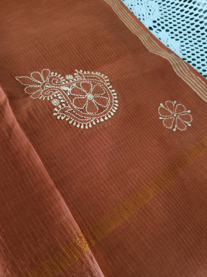 Chanderi Cotton Chikankari Dupatta (Brick brown)