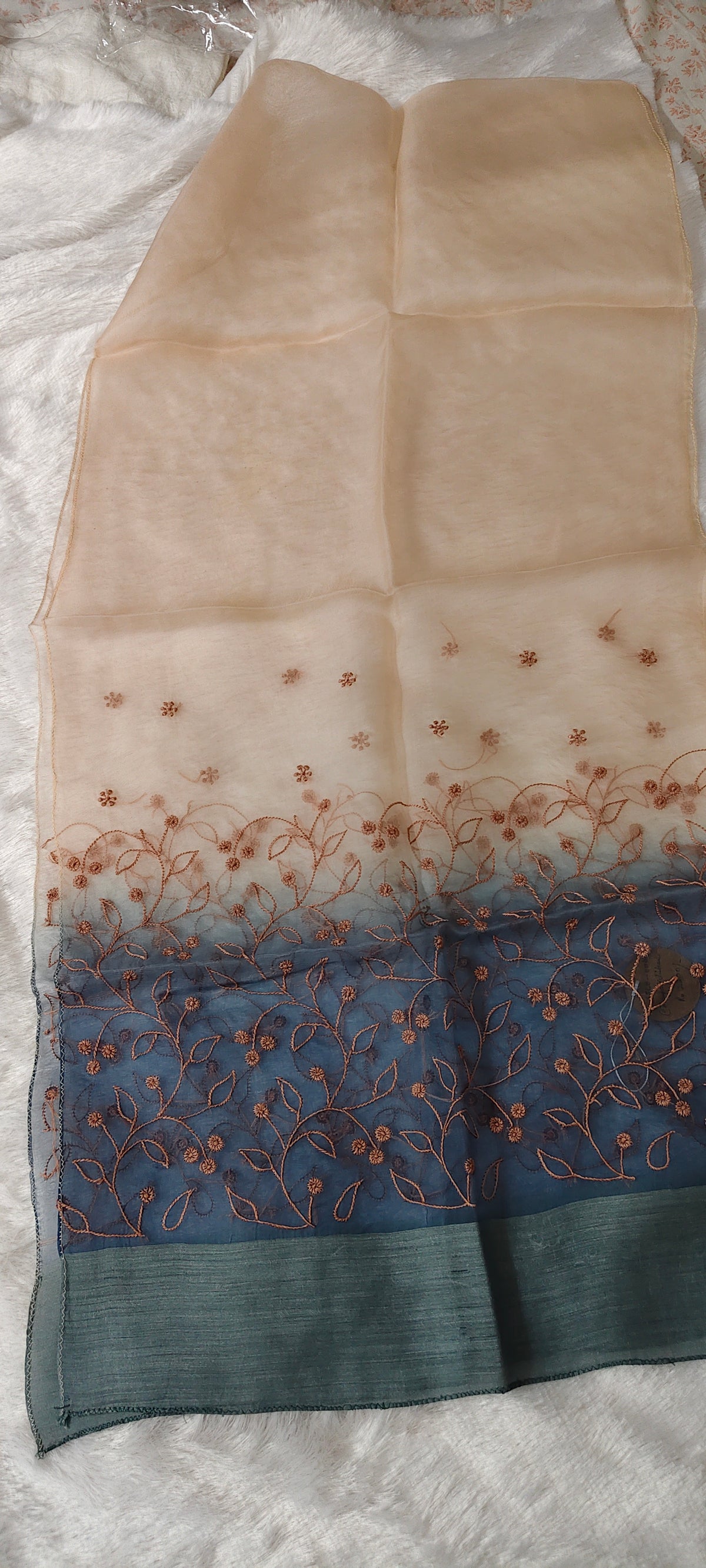 Peach Grey | Organza Moonga Silk | Ombre Chikankari Stole