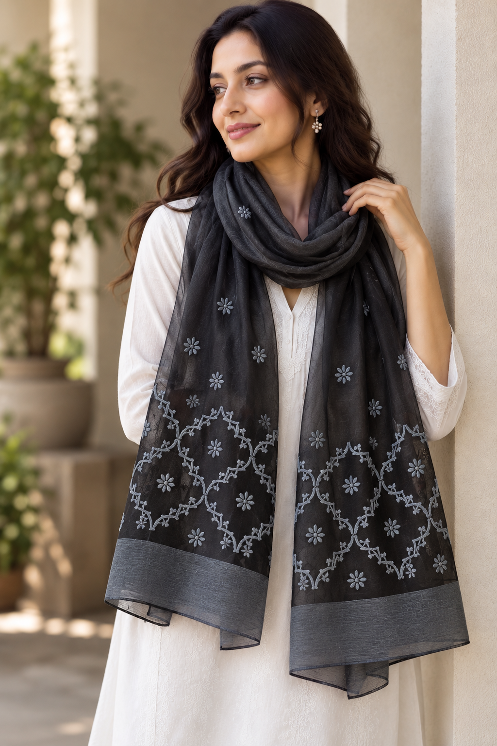 Black | Organza Moonga Silk | Chikankari Stole