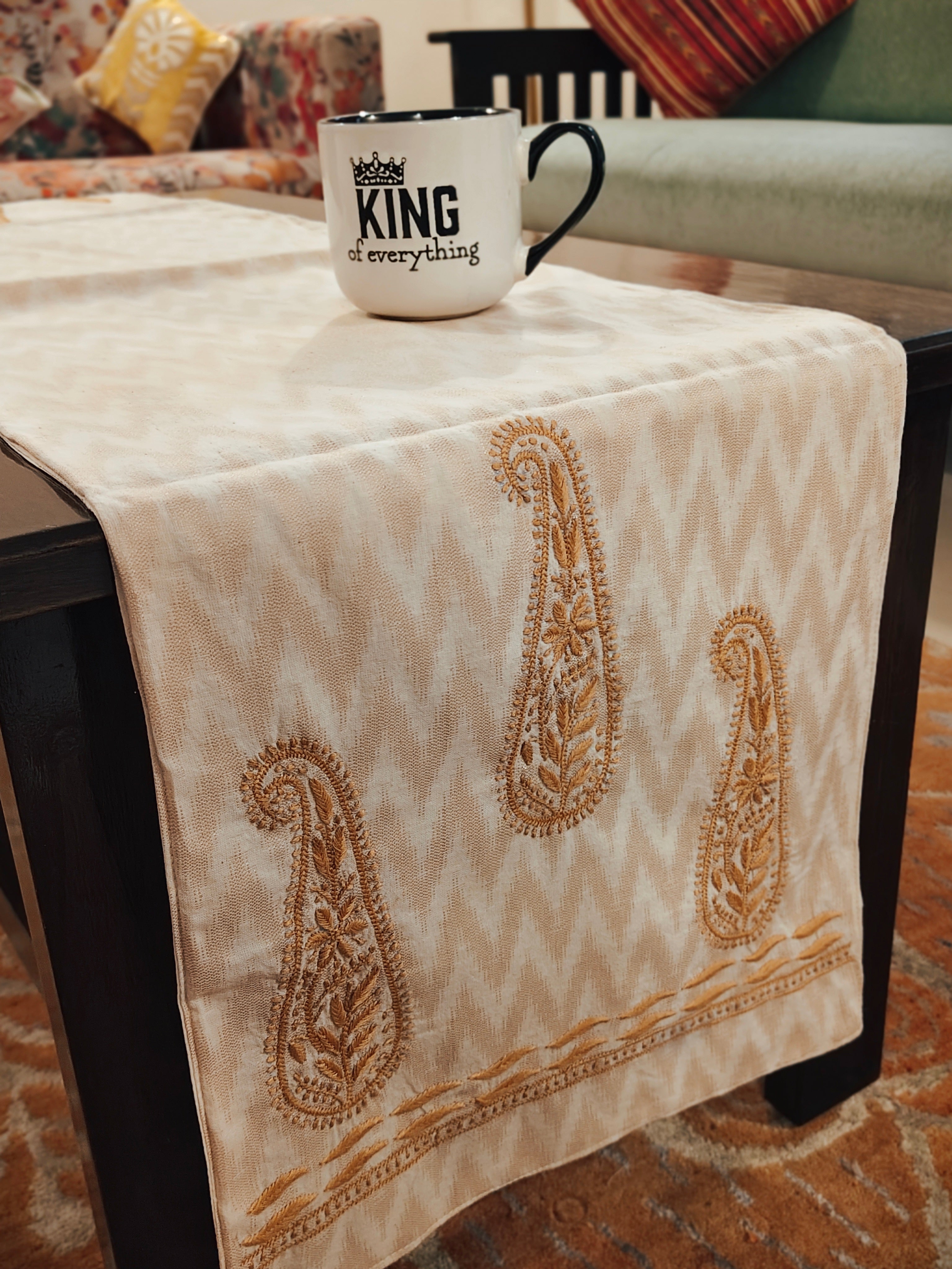 Beige Cotton Table Runner with Chikankari Embroidery
