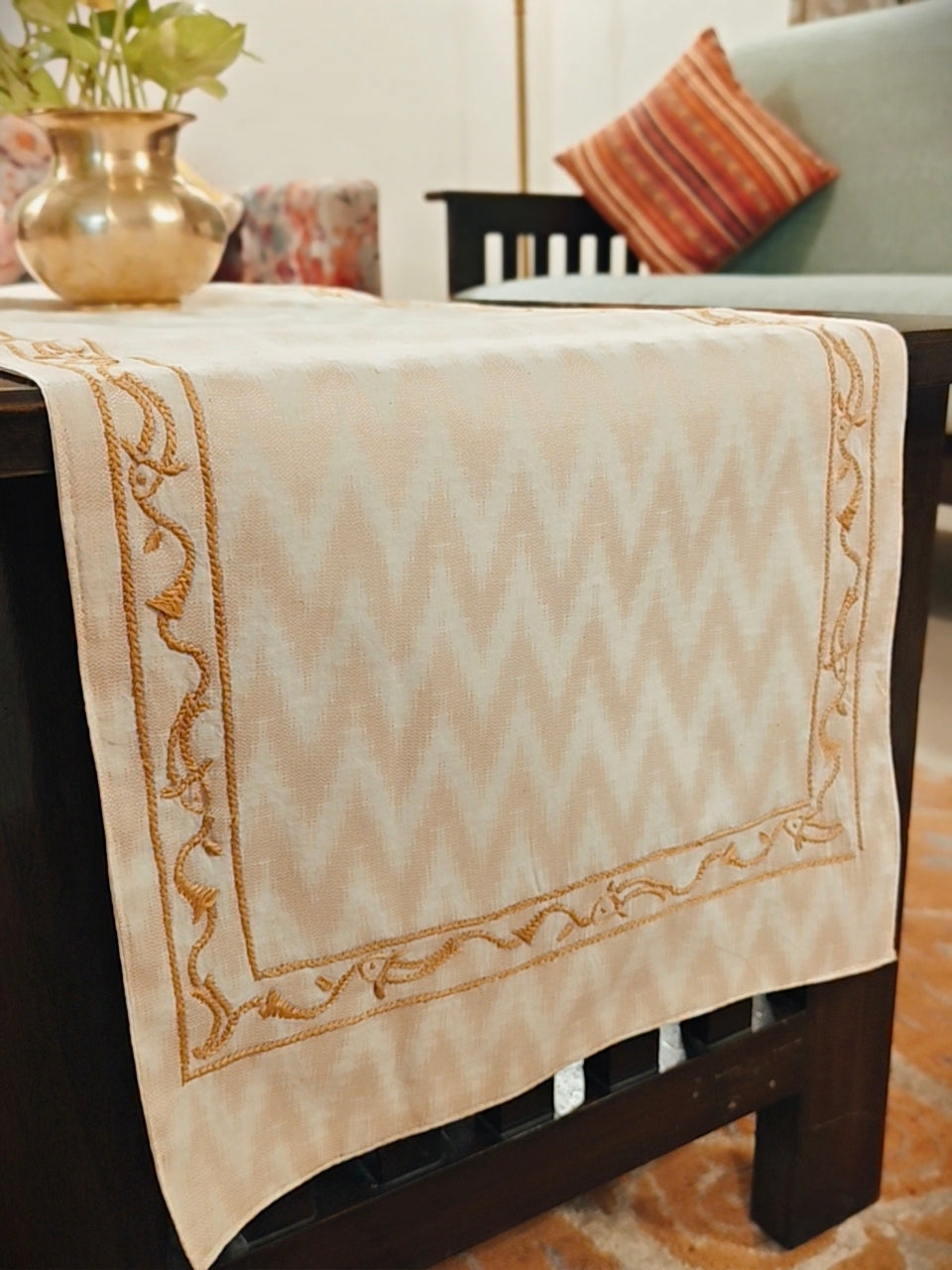 Beige Cotton Table Runner with Chikankari Fish Embroidery