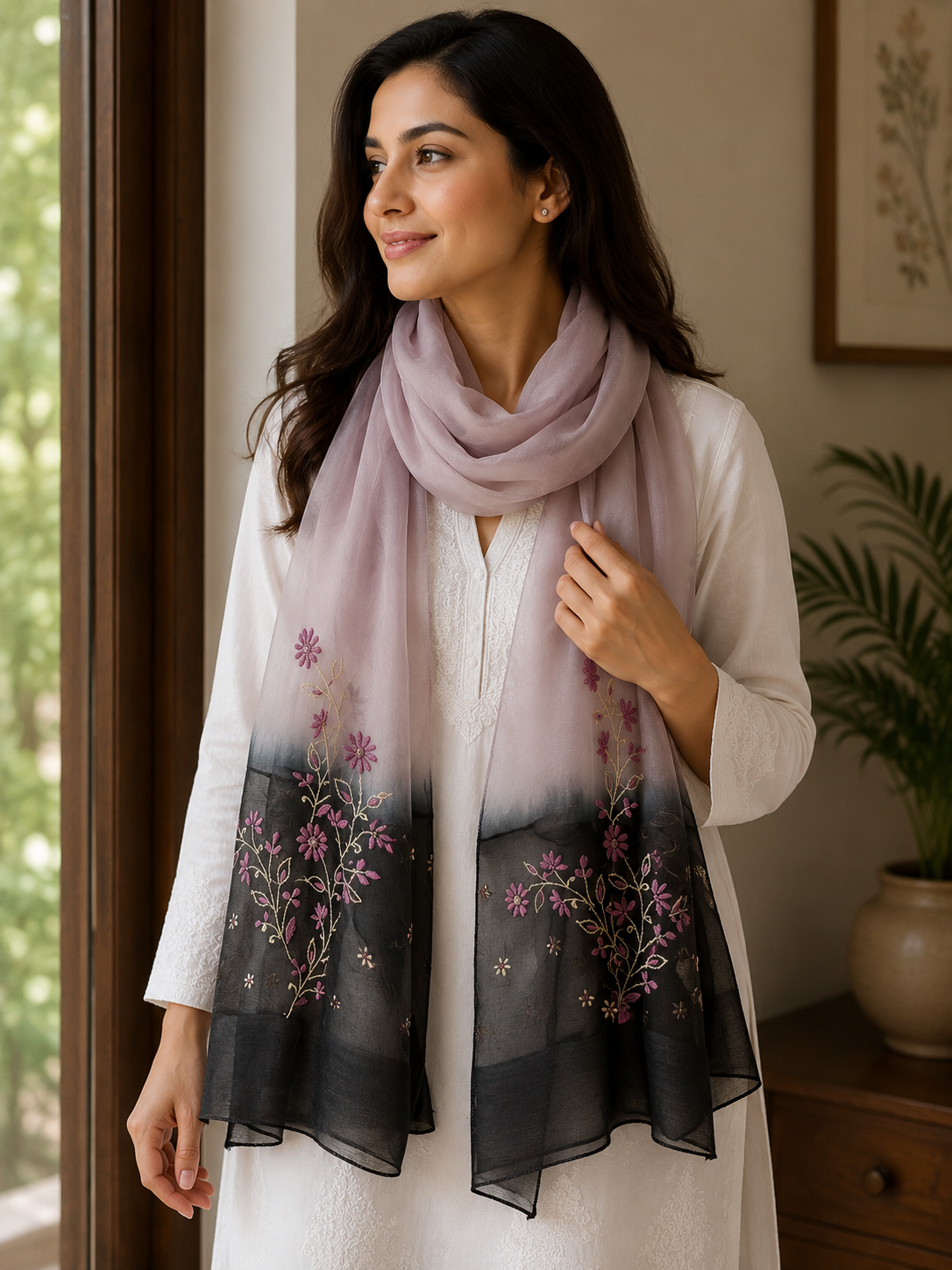 Plum Black | Organza Moonga Silk | Ombre Chikankari Stole