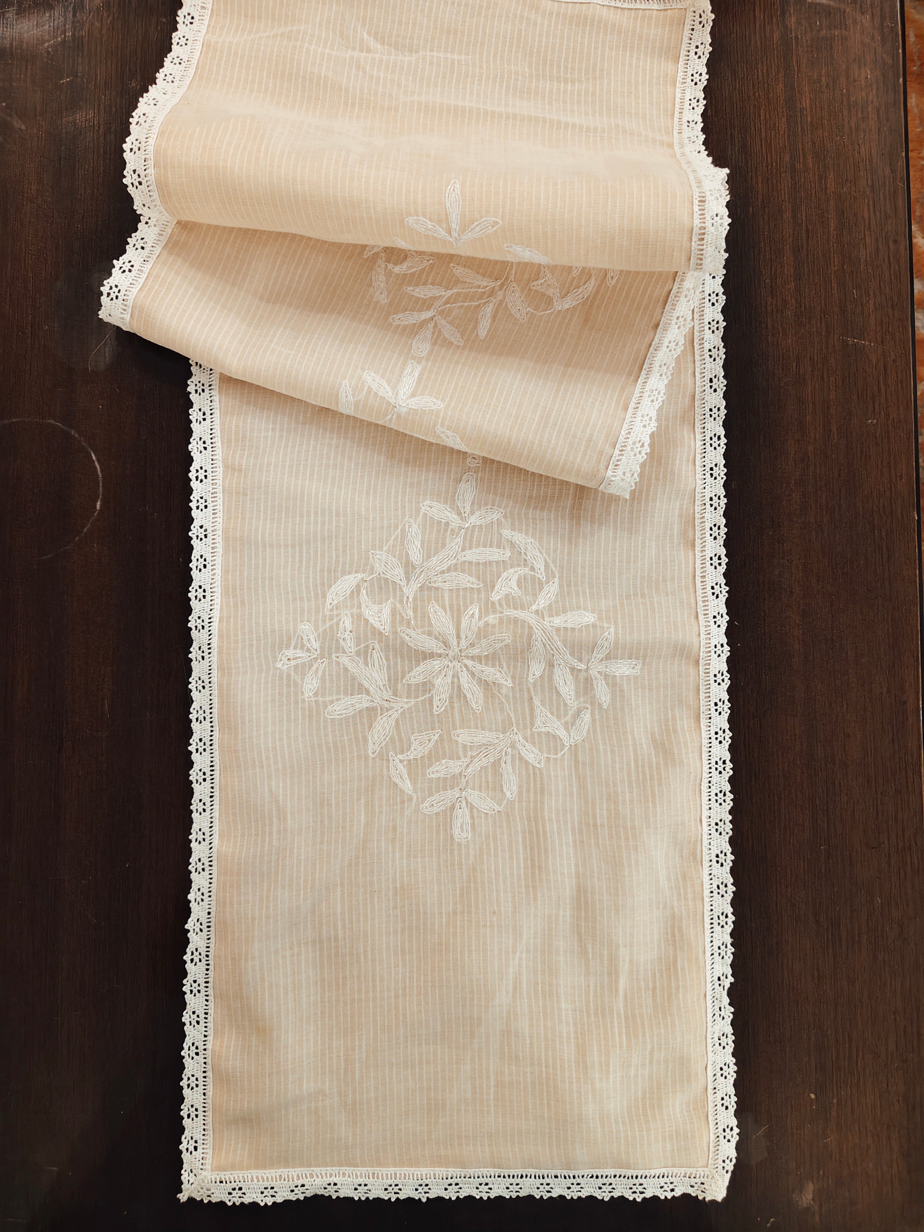 Mul Chanderi Off white Chikankari Table Runner with lace finish