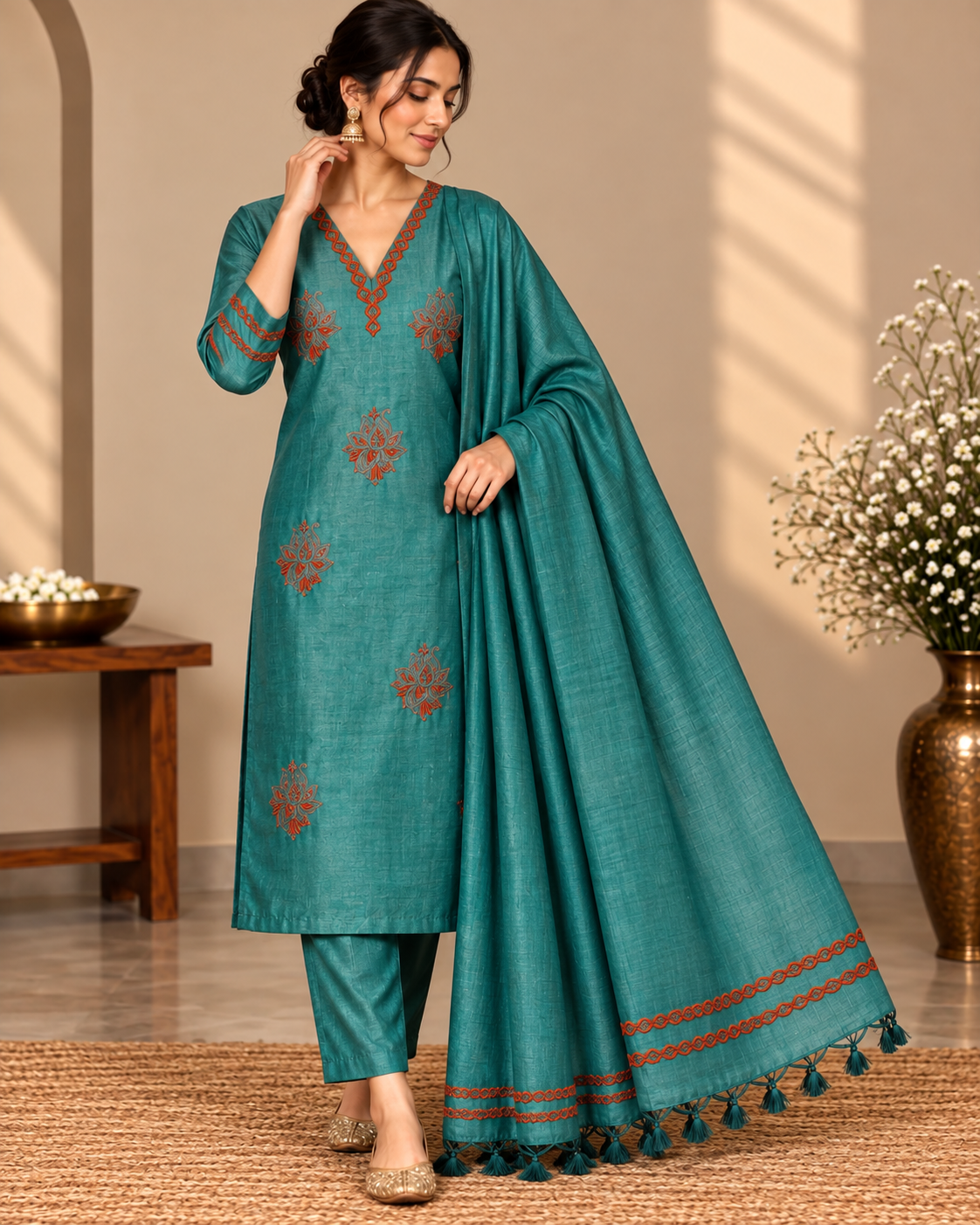 Rama Green Tussar Silk | Chikankari Kurta-Dupatta Fabric Set
