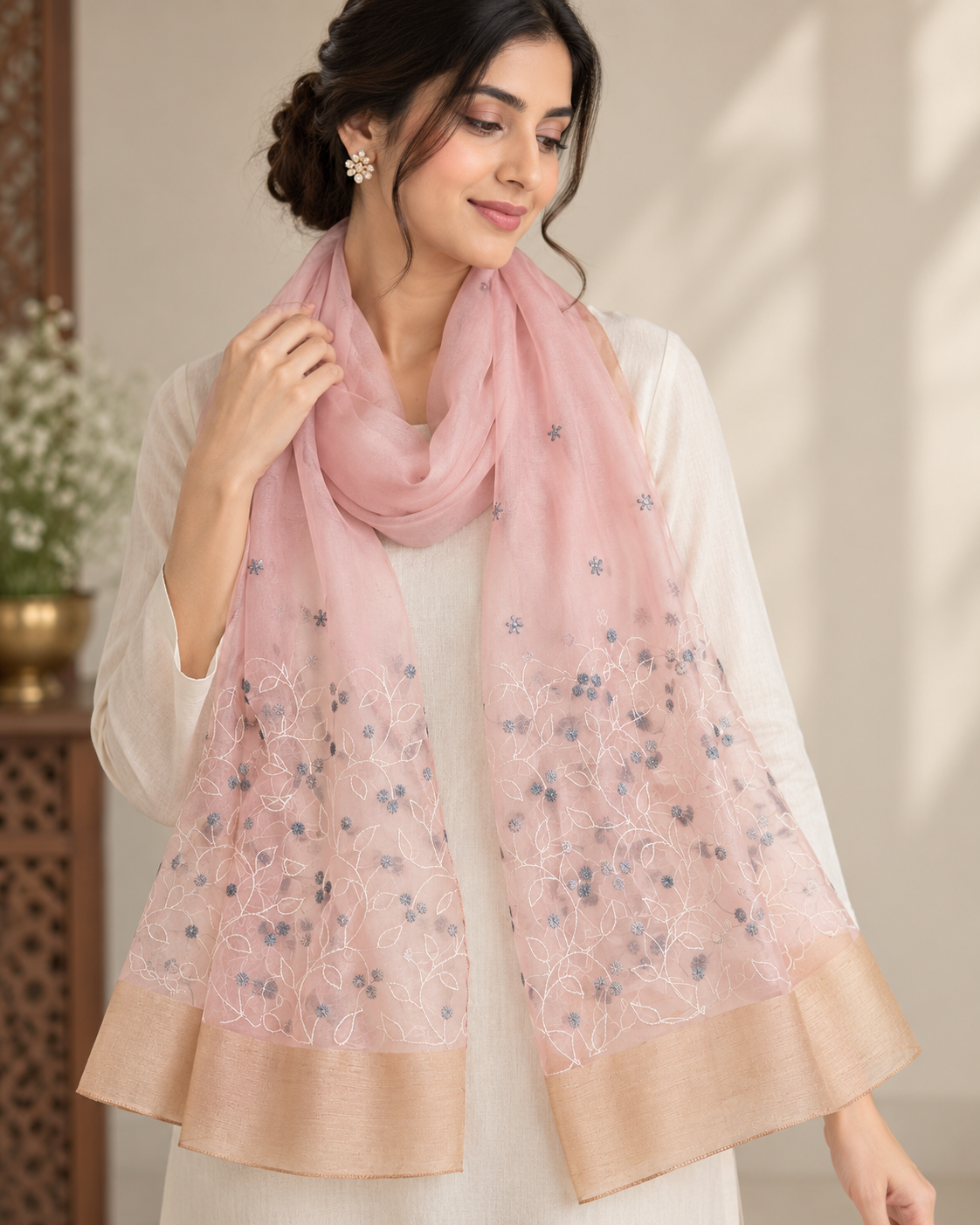 Pink | Organza Moonga Silk | Chikankari Stole