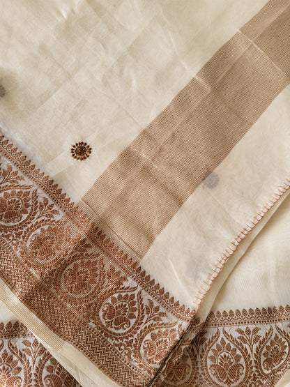 Chanderi Silk Chikankari Saree with Jacquard Border  ( cream )