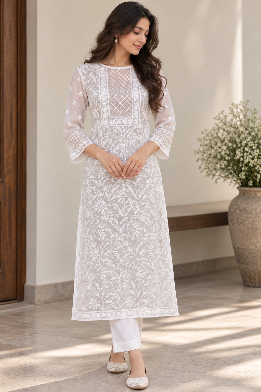 White Kota Doria | Chikankari Kurta Fabric- Dyeable