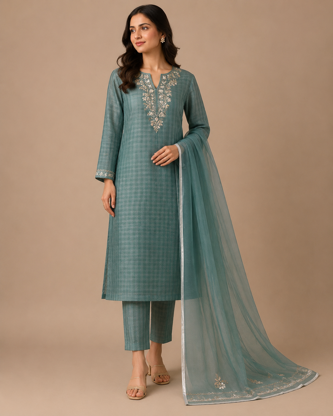 Unstitched Kurta Dupatta Fabric | Chanderi Tissue | Sage Green