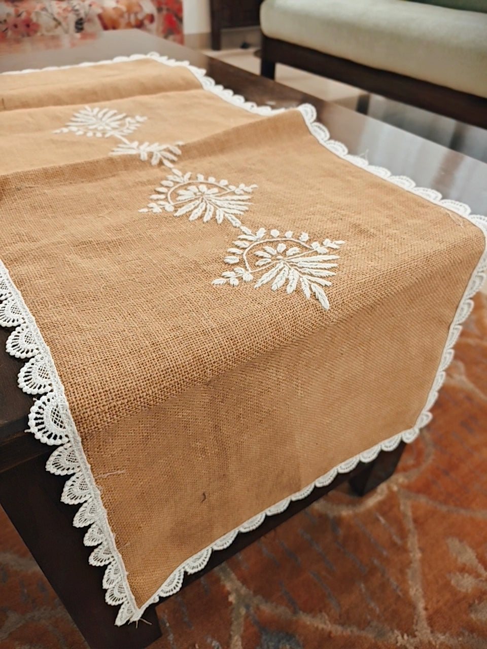 Handcrafted Burlap Jute Chikankari Table Runner with Lace Detailings