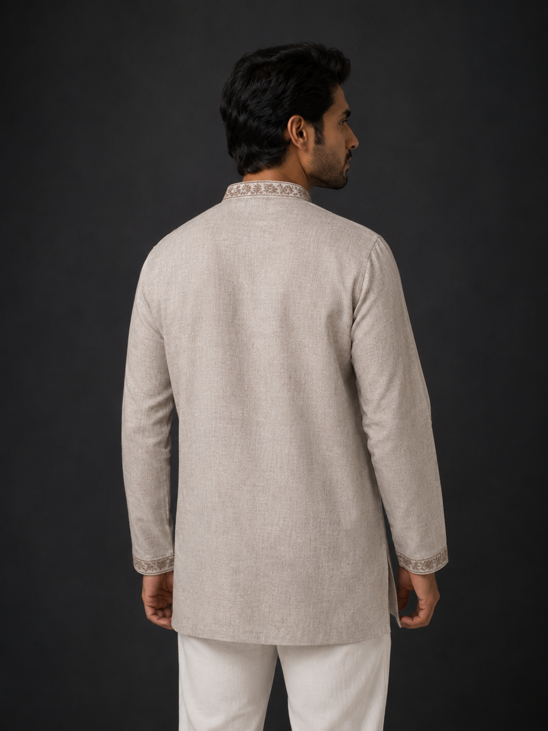 Men’s Beige Linen Chikankari Short Kurta