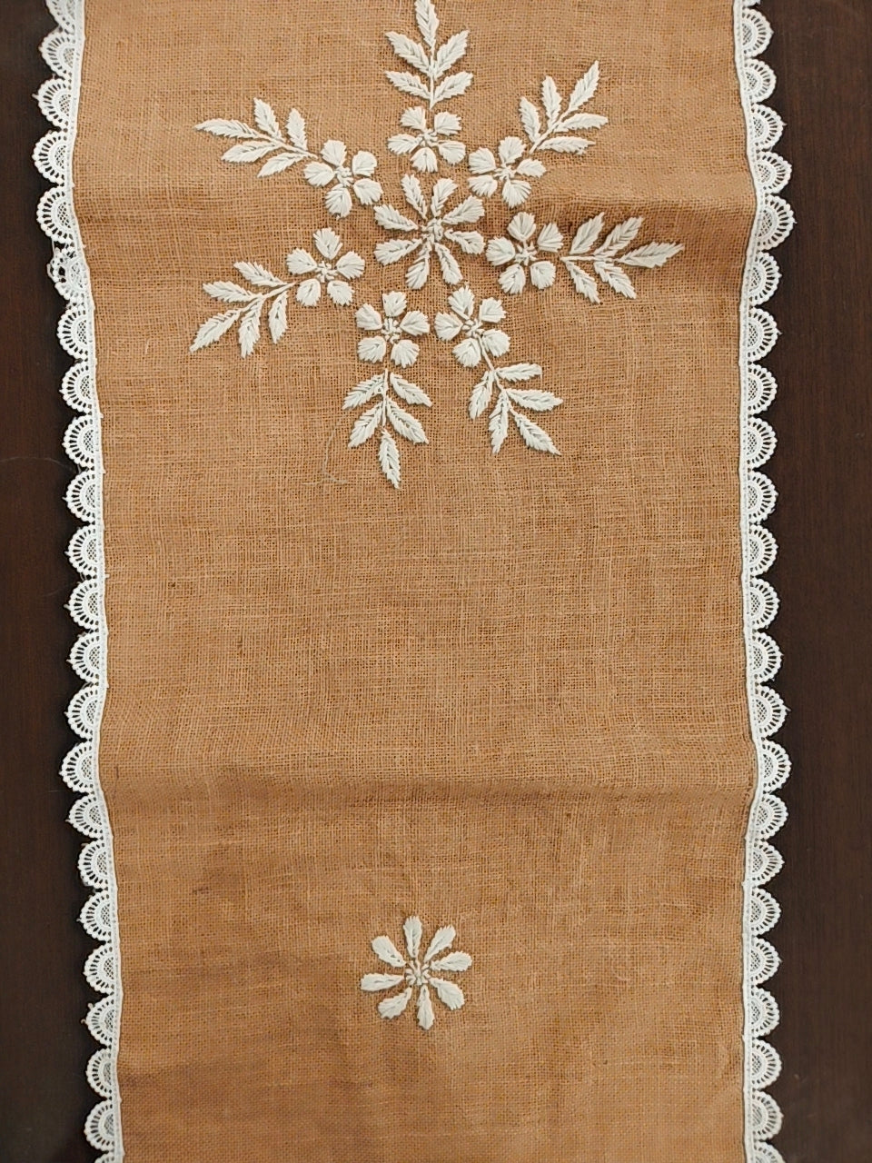 Burlap Jute Chikankari Table Runner with beautiful Lace Detailing