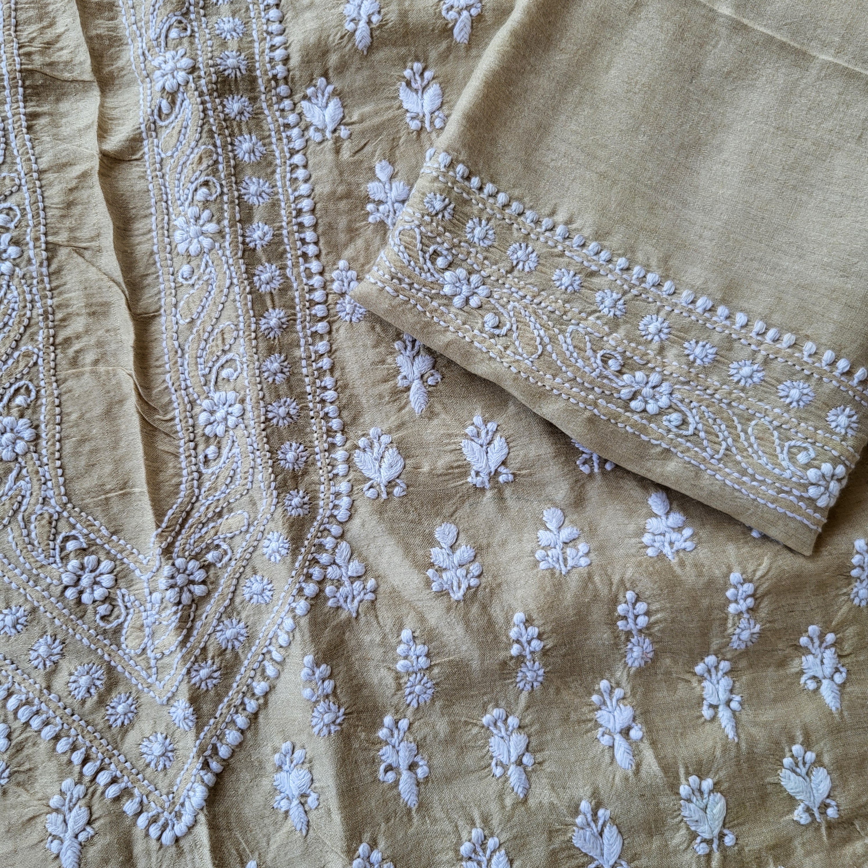 Moonga Silk Mens Chikankari Kurta Fabric with all over embroidery (dyeable )