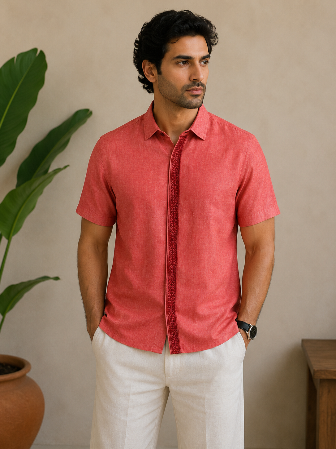 Agastya | Unstitched Moonga Silk Chikankari Half Shirt Fabric- Rust