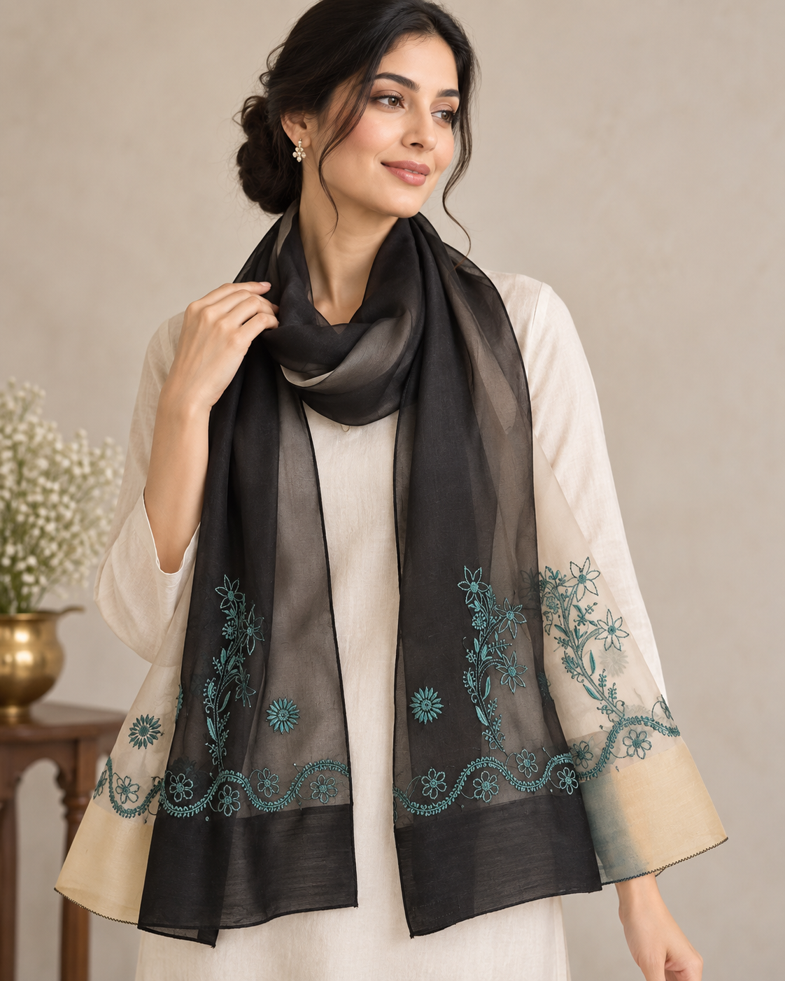 Cream Black | Organza Moonga Silk | Ombre Chikankari Stole