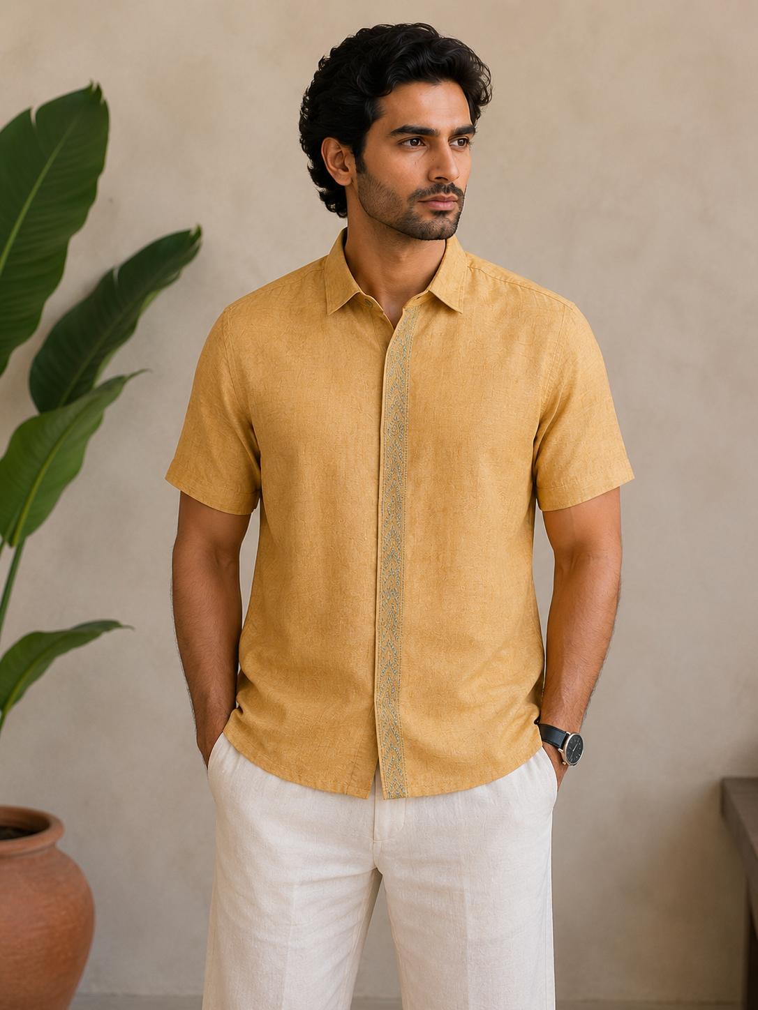 Agastya | Unstitched Moonga Silk Chikankari Half Shirt Fabric - Ochre Yellow
