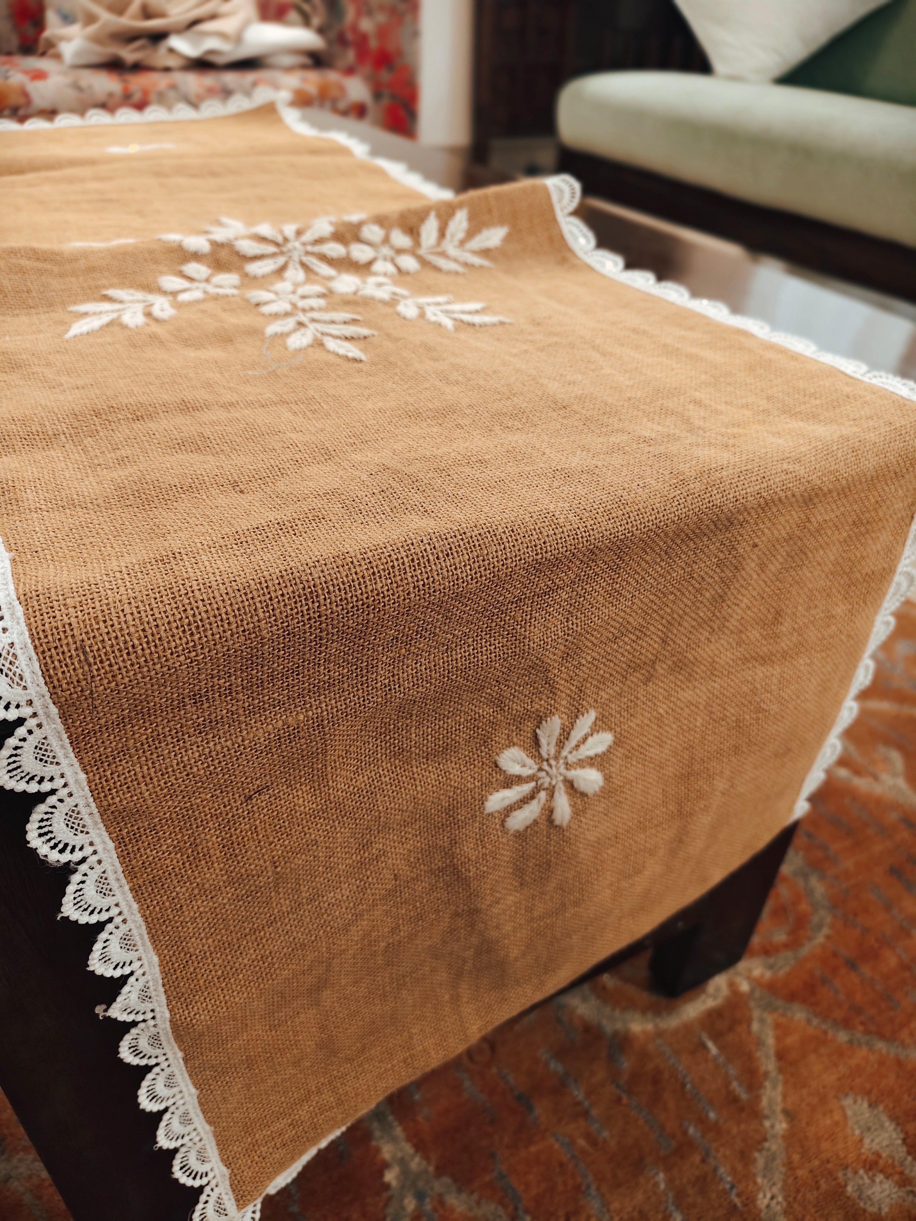 Burlap Jute Chikankari Table Runner with beautiful Lace Detailing