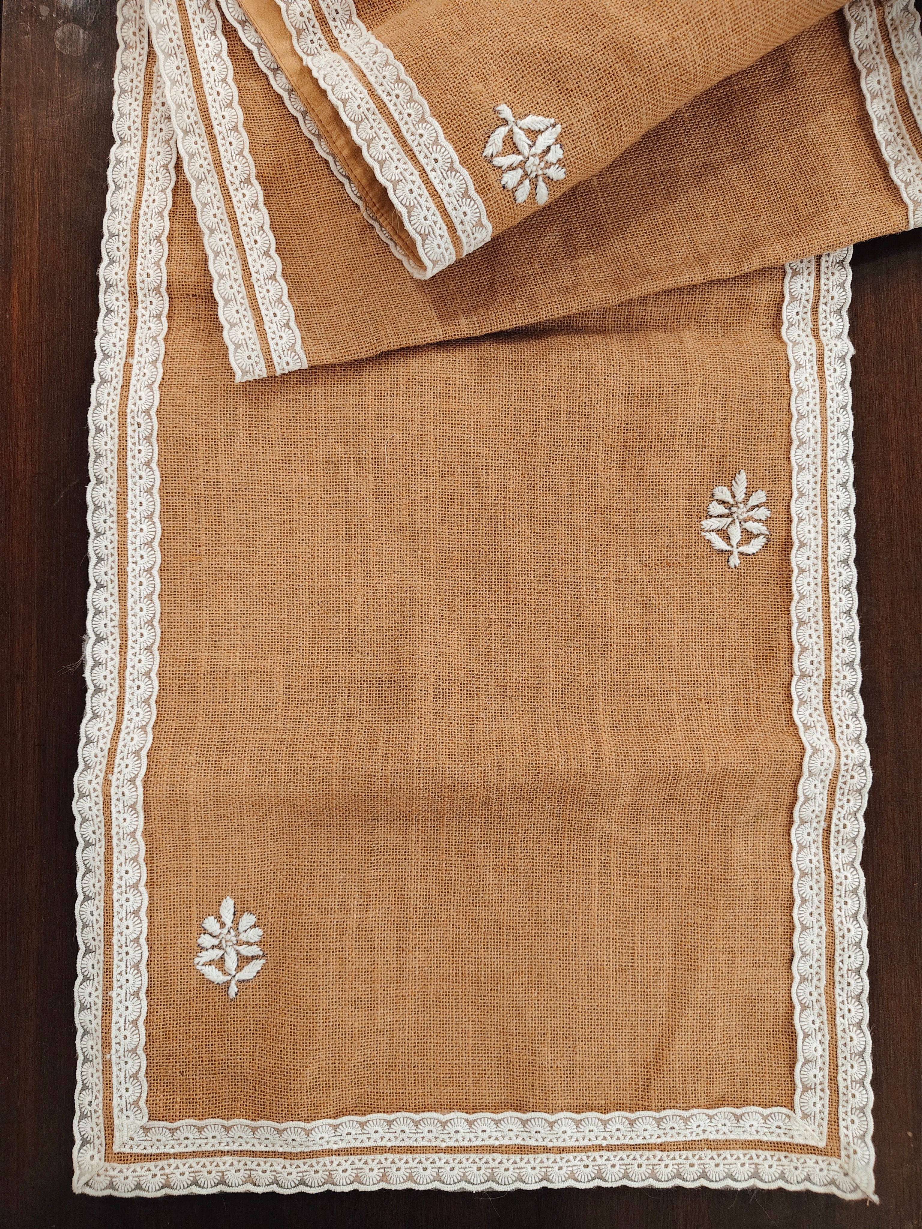 Handembroidered Burlap Jute Long Chikankari Table Runner with double Lace Work