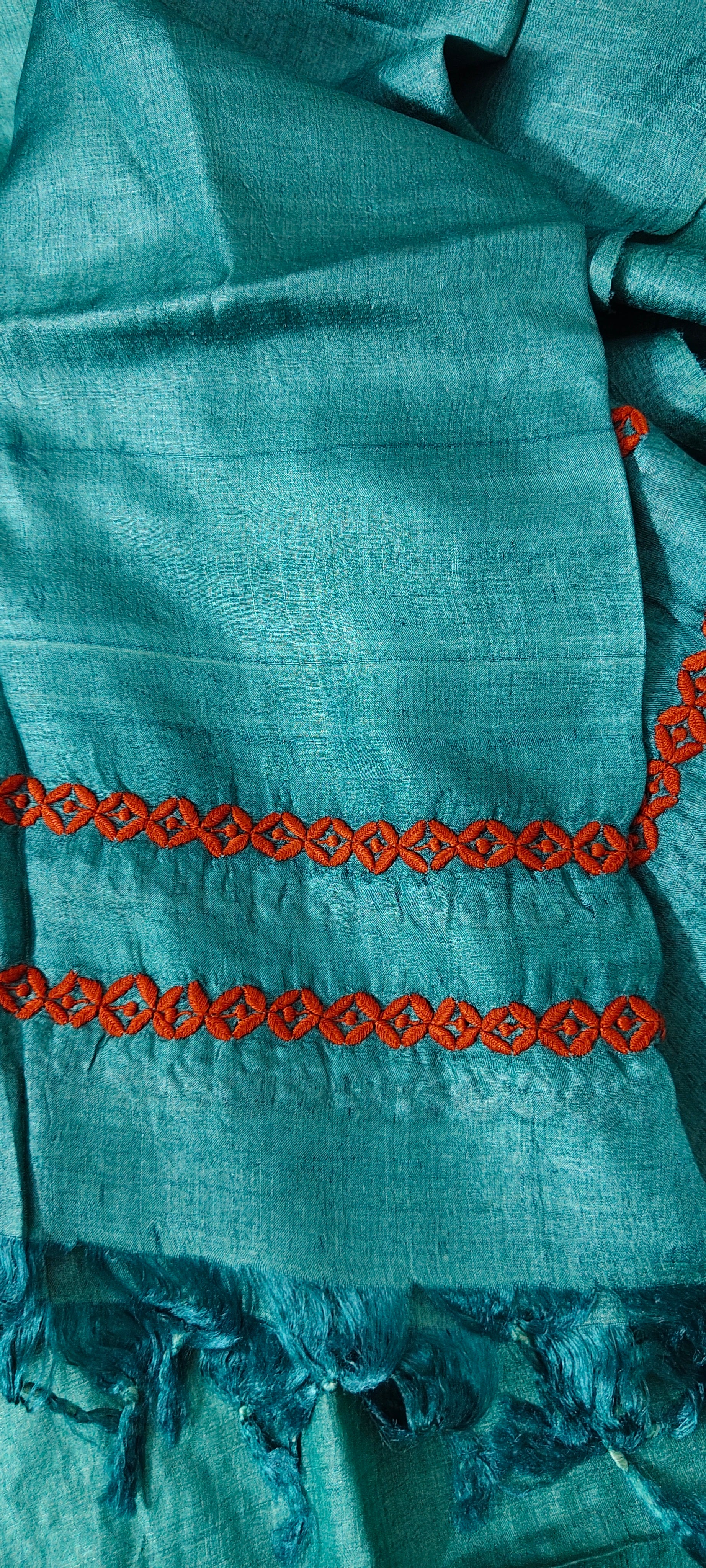 Rama Green Tussar Silk | Chikankari Kurta-Dupatta Fabric Set