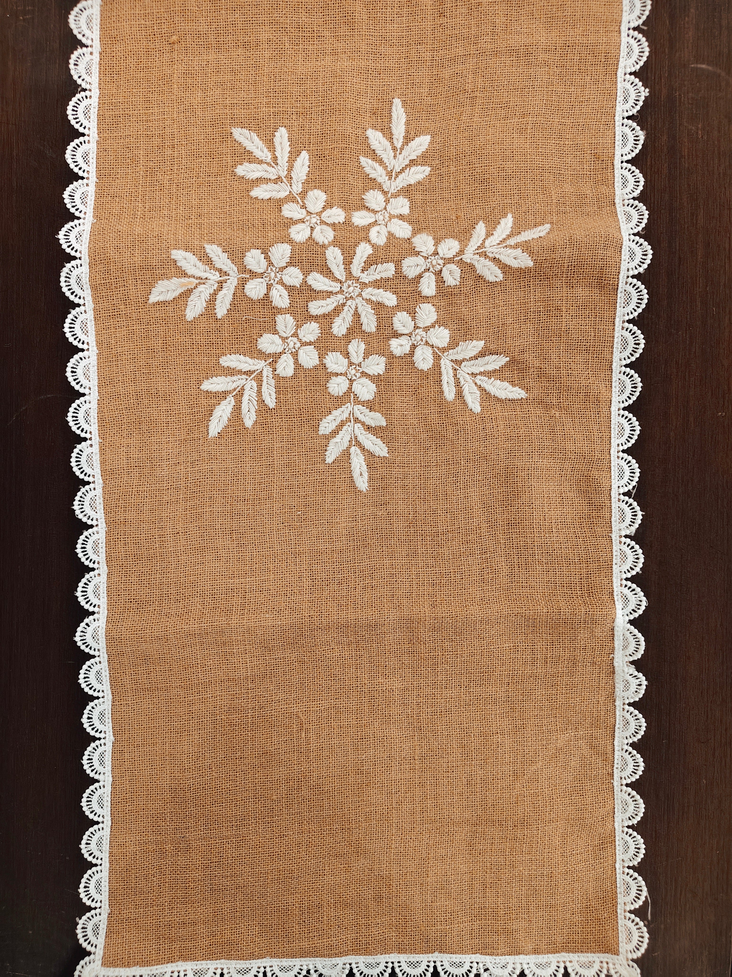 Burlap Jute Chikankari Table Runner with Lace Work