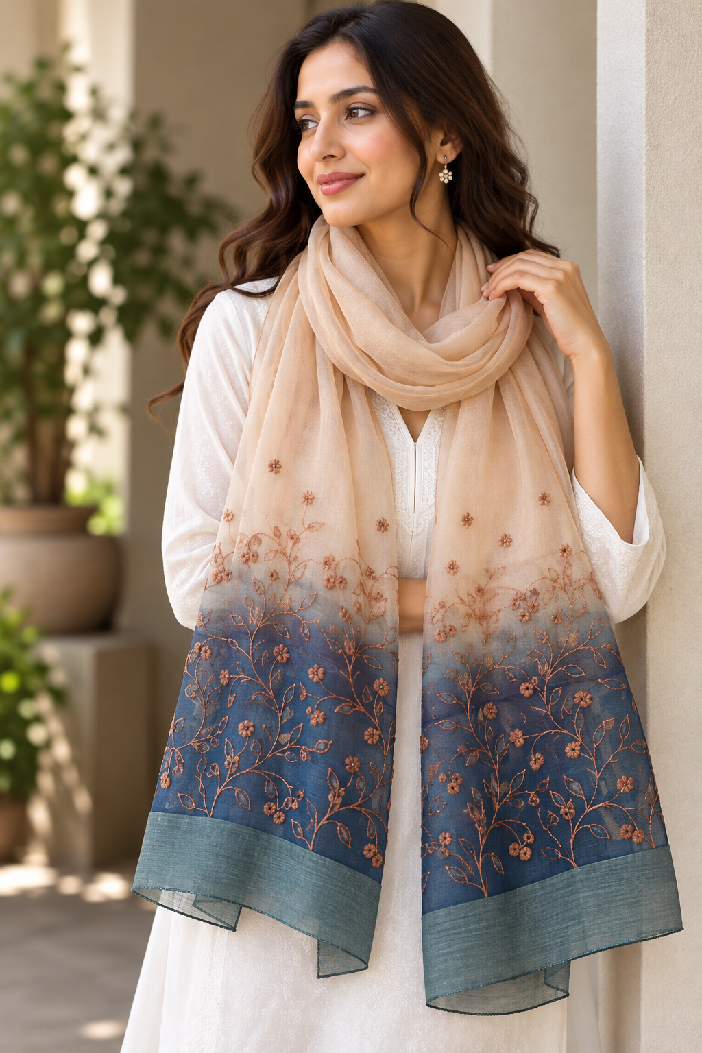 Peach Grey | Organza Moonga Silk | Ombre Chikankari Stole