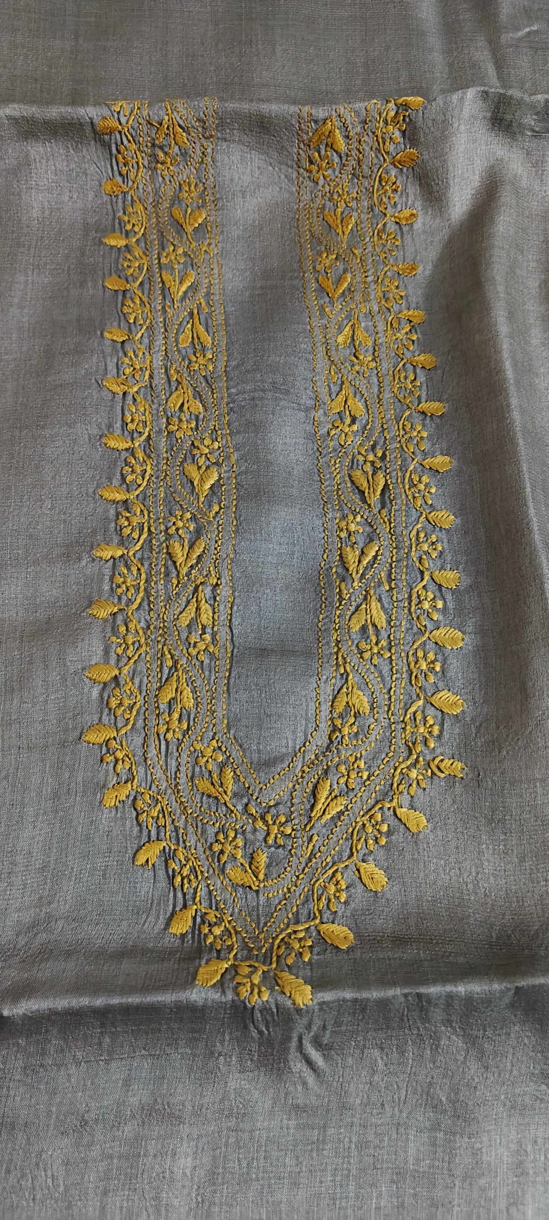 Agastya | Unstitched Tussar Silk Chikankari Kurta Fabric- Steel Grey